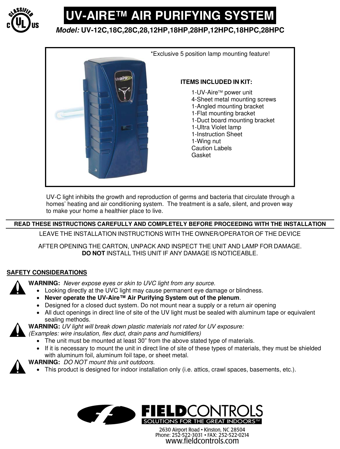 Field Controls Uv 18C Users Manual 46453400 Aire Lrg Inst Sheet Rev E 10 05