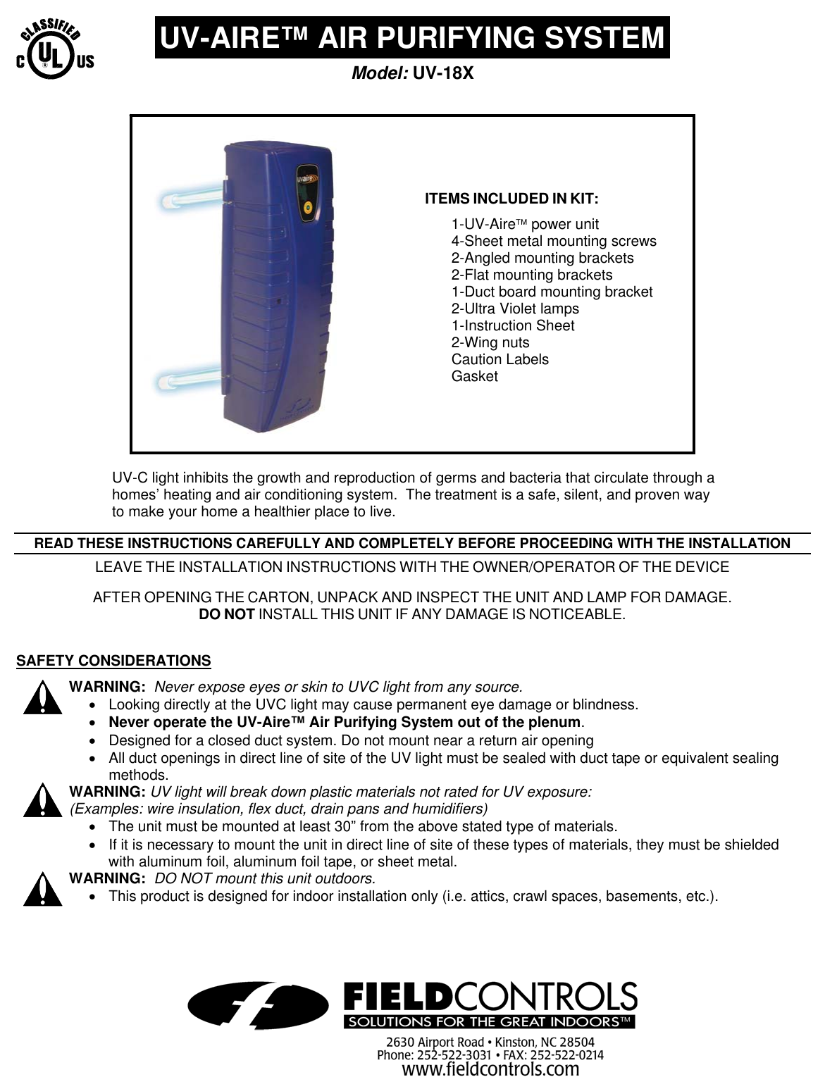 Page 1 of 8 - Field-Controls Field-Controls-Uv-18X-Users-Manual 46453300 UV-Aire 18X Inst Sheet Rev C 04-05