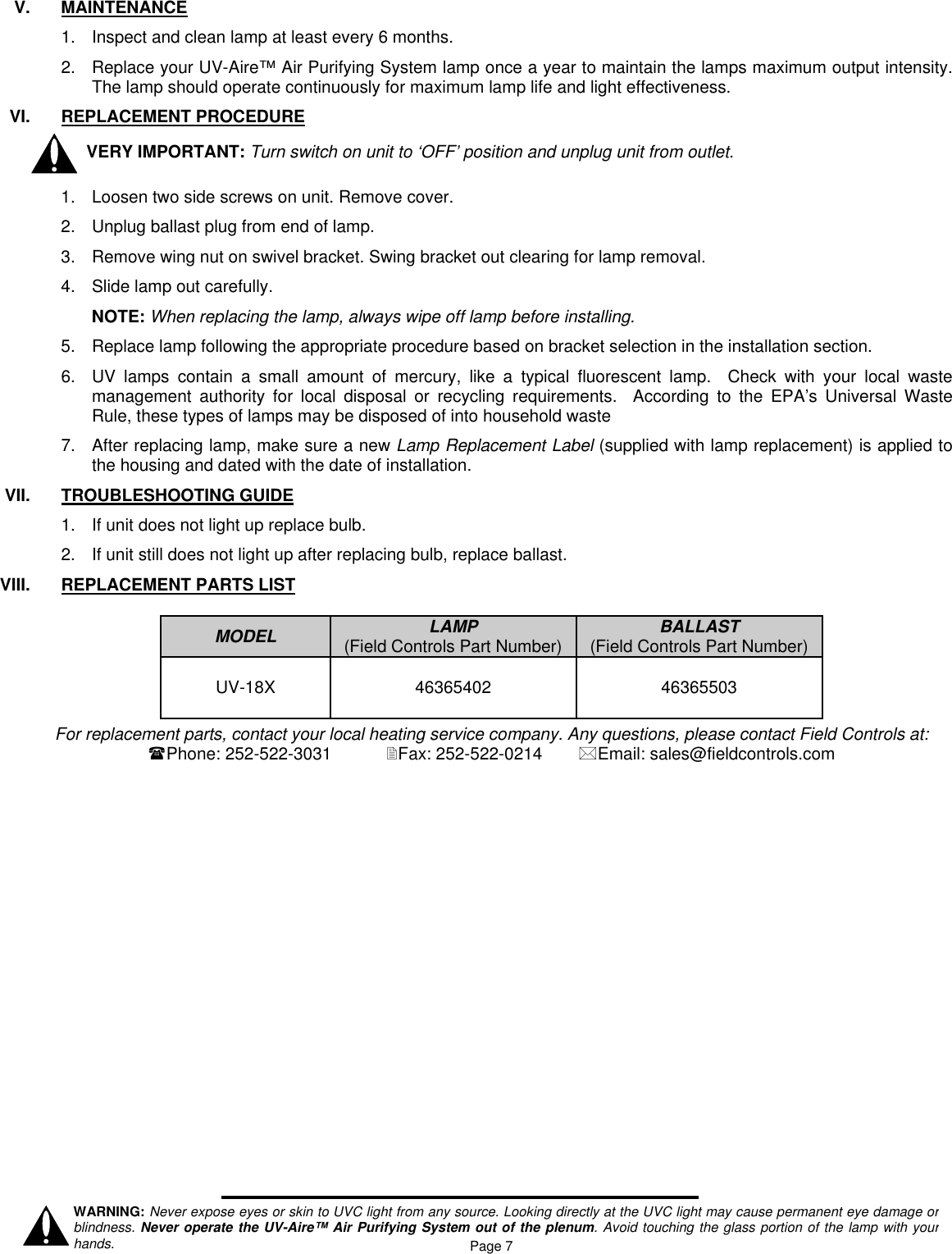 Page 7 of 8 - Field-Controls Field-Controls-Uv-18X-Users-Manual 46453300 UV-Aire 18X Inst Sheet Rev C 04-05