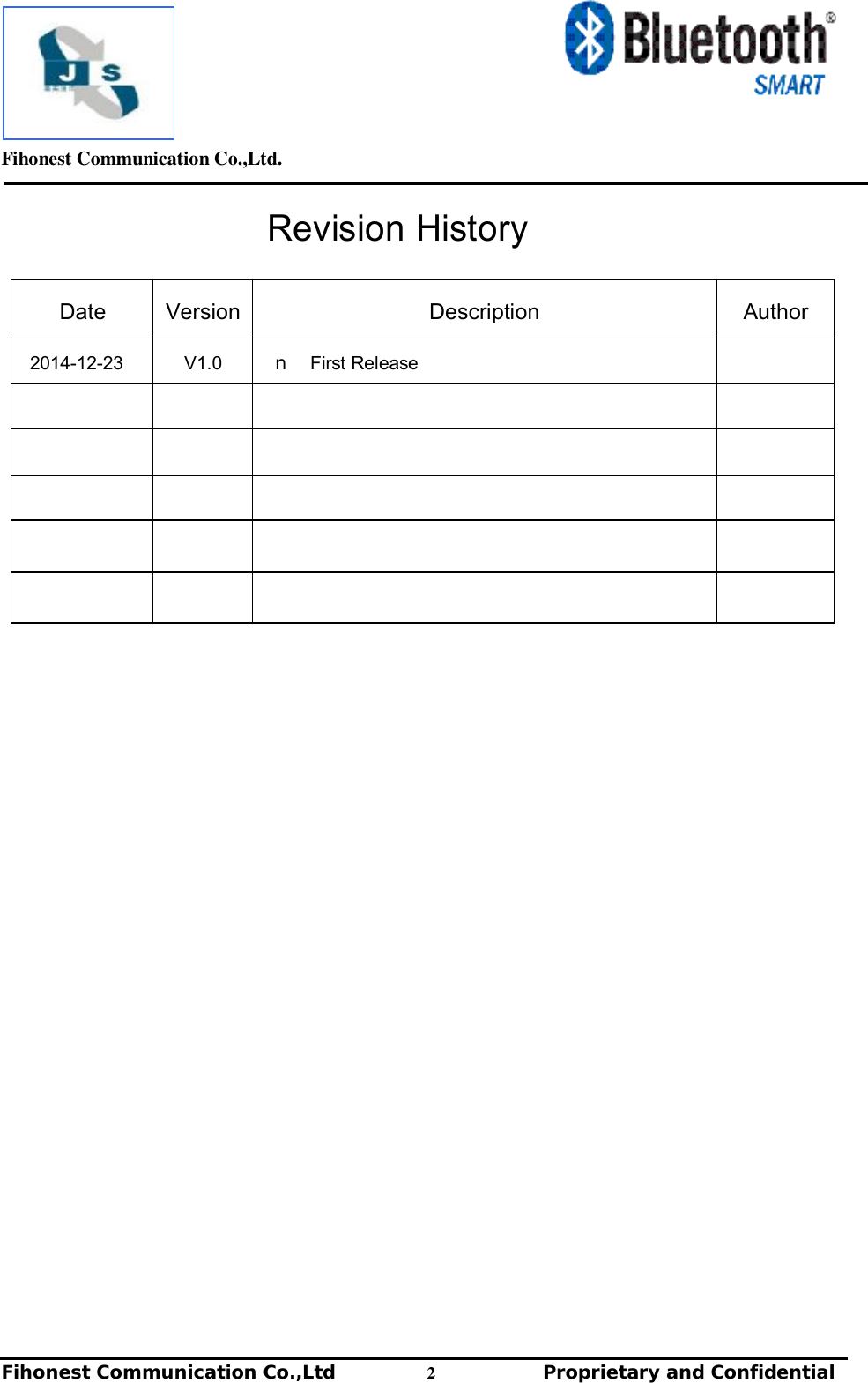        Fihonest Communication Co.,Ltd.   Fihonest Communication Co.,Ltd          2              Proprietary and Confidential   v Revision History  Date  Version Description  Author 2014-12-23  V1.0  n  First Release                                 