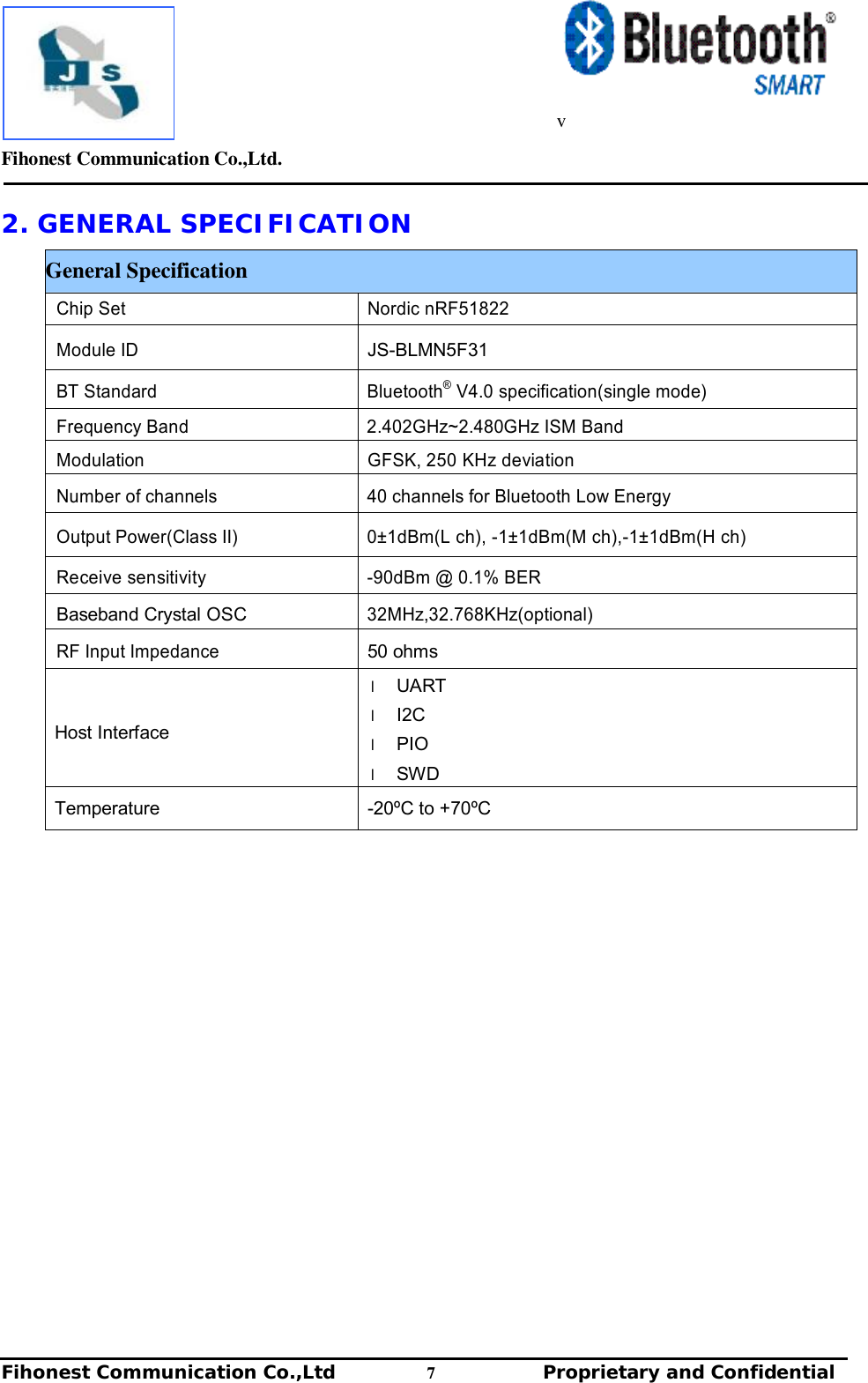         Fihonest Communication Co.,Ltd.   Fihonest Communication Co.,Ltd          7              Proprietary and Confidential   v 2. GENERAL SPECIFICATION General Specification Chip Set  Nordic nRF51822 Module ID  JS-BLMN5F31 BT Standard  Bluetooth® V4.0 specification(single mode) Frequency Band 2.402GHz~2.480GHz ISM Band Modulation  GFSK, 250 KHz deviation Number of channels  40 channels for Bluetooth Low Energy Output Power(Class II)  0±1dBm(L ch), -1±1dBm(M ch),-1±1dBm(H ch)Receive sensitivity  -90dBm @ 0.1% BERBaseband Crystal OSC 32MHz,32.768KHz(optional) RF Input Impedance 50 ohms Host Interface l UART l I2C l PIO  l SWD Temperature  -20ºC to +70ºC                   