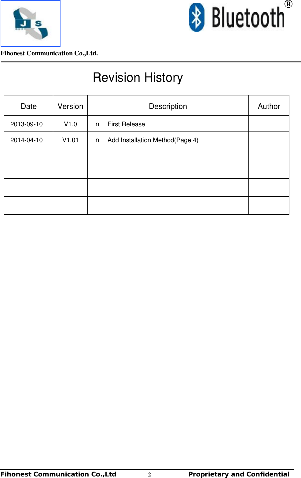         Fihonest Communication Co.,Ltd.   Fihonest Communication Co.,Ltd          2              Proprietary and Confidential    ® Revision History  Date  Version Description  Author 2013-09-10  V1.0  n  First Release   2014-04-10  V1.01  n  Add Installation Method(Page 4)                            