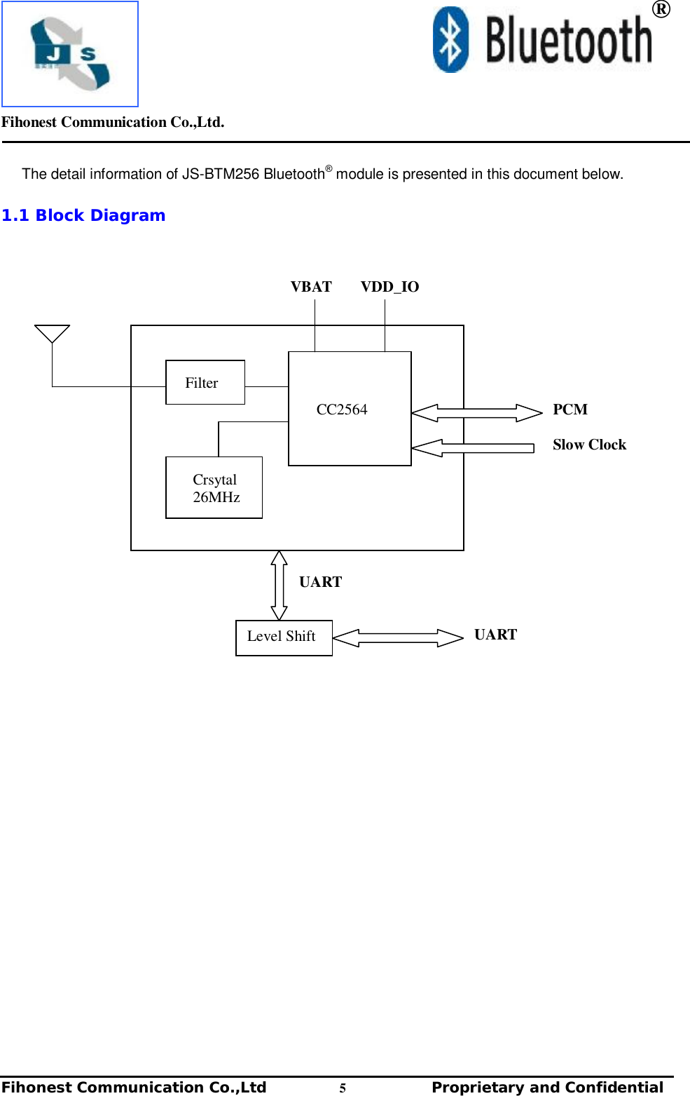         Fihonest Communication Co.,Ltd.   Fihonest Communication Co.,Ltd          5              Proprietary and Confidential    ® The detail information of JS-BTM256 Bluetooth® module is presented in this document below.  1.1 Block Diagram                                 UART CC2564 Filter Crsytal 26MHz PCM Slow Clock VBAT VDD_IO Level Shift UART 