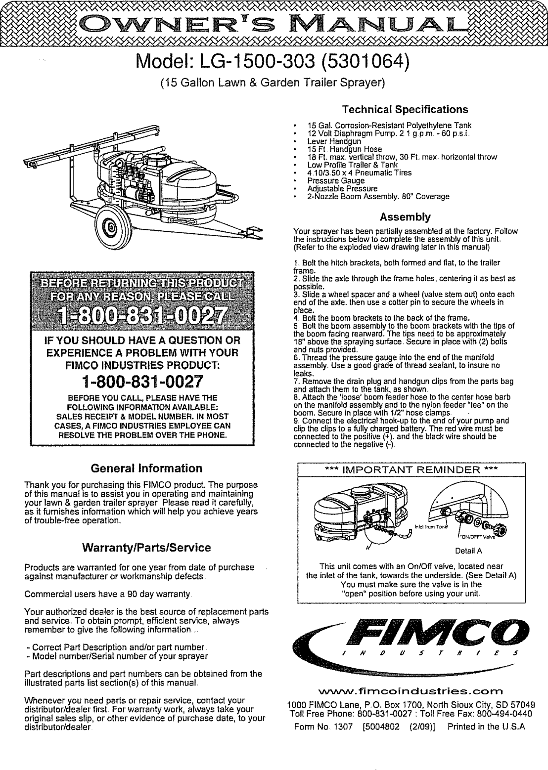 Page 1 of 4 - Fimco LG-1500-303 User Manual  LAWN & GARDEN TRAILER SPRAYER - Manuals And Guides 1007366L