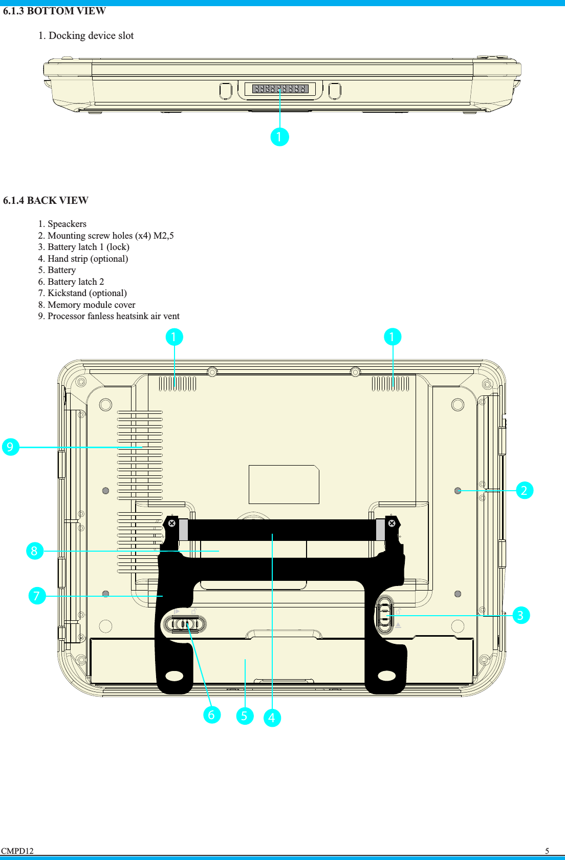 5CMPD121 6.1.3 BOTTOM VIEW 1. Docking device slot 6.1.4 BACK VIEW  1. Speackers  2. Mounting screw holes (x4) M2,5    3. Battery latch 1 (lock)  4. Hand strip (optional)  5. Battery  6. Battery latch 2  7. Kickstand (optional)  8. Memory module cover  9. Processor fanless heatsink air vent13911256847