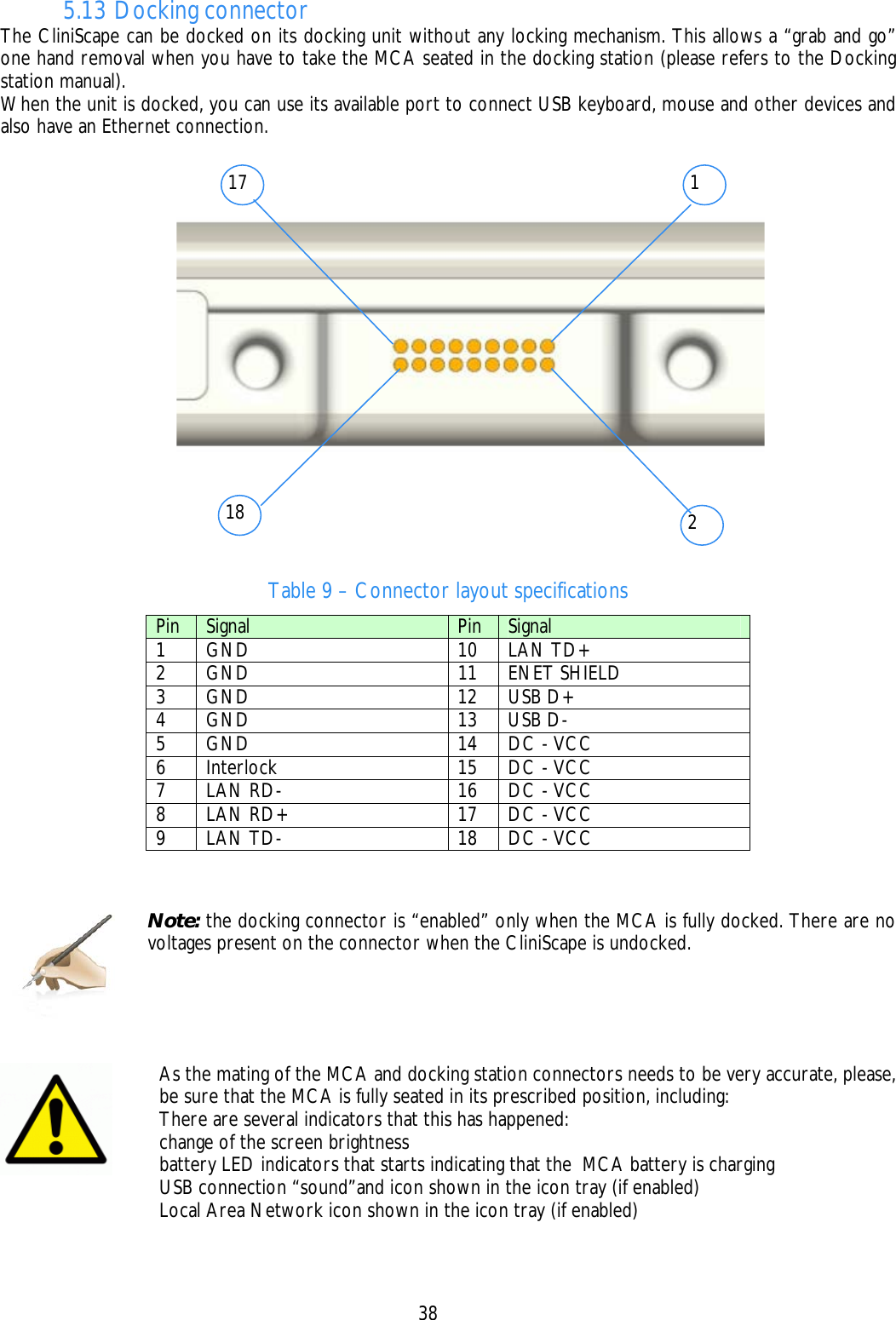    38  5.13 Docking connector The CliniScape can be docked on its docking unit without any locking mechanism. This allows a “grab and go” one hand removal when you have to take the MCA seated in the docking station (please refers to the Docking station manual). When the unit is docked, you can use its available port to connect USB keyboard, mouse and other devices and also have an Ethernet connection.   Table 9 – Connector layout specifications Pin  Signal  Pin  Signal 1 GND  10 LAN TD+ 2 GND  11 ENET SHIELD 3 GND  12 USB D+ 4 GND  13 USB D- 5  GND  14  DC - VCC 6  Interlock  15  DC - VCC  7  LAN RD-  16  DC - VCC  8  LAN RD+  17  DC - VCC  9  LAN TD-  18  DC - VCC        Note: the docking connector is “enabled” only when the MCA is fully docked. There are no voltages present on the connector when the CliniScape is undocked.  As the mating of the MCA and docking station connectors needs to be very accurate, please,be sure that the MCA is fully seated in its prescribed position, including: There are several indicators that this has happened: change of the screen brightness battery LED indicators that starts indicating that the  MCA battery is charging USB connection “sound”and icon shown in the icon tray (if enabled) Local Area Network icon shown in the icon tray (if enabled) 17 181 2 