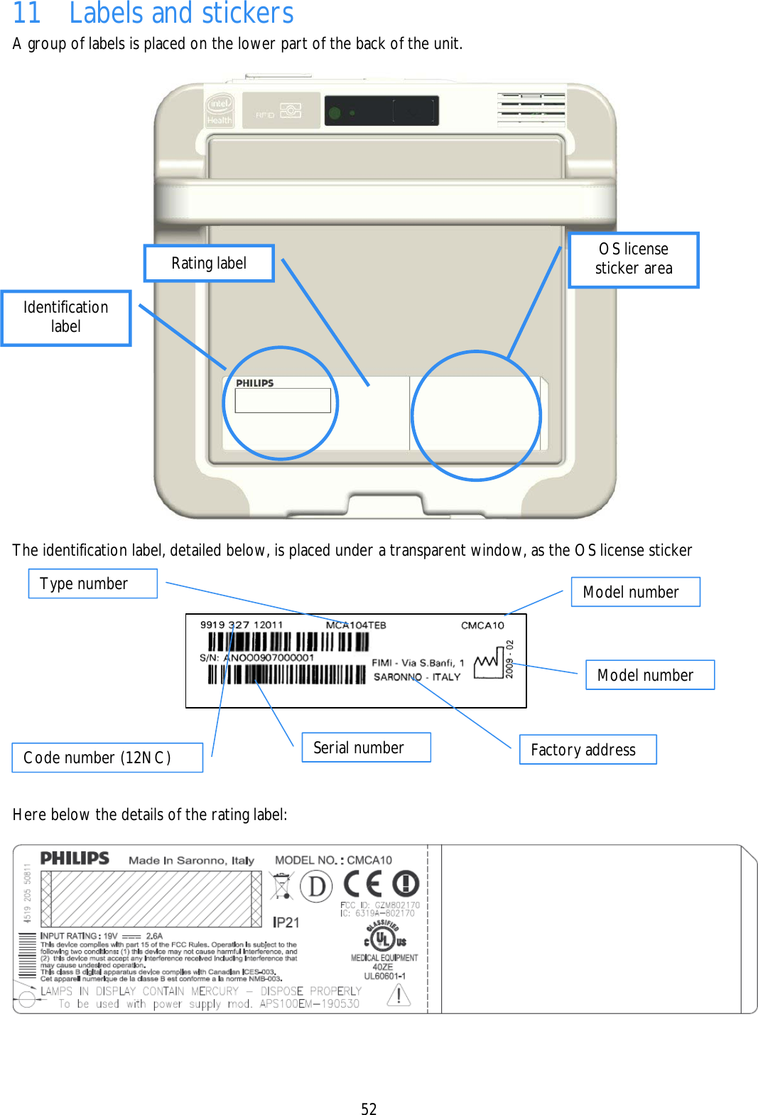    52 11    Labels and stickers A group of labels is placed on the lower part of the back of the unit.    The identification label, detailed below, is placed under a transparent window, as the OS license sticker              Here below the details of the rating label:   Model numberModel numberCode number (12NC) Factory address Serial numberType number Identification label OS license sticker area Rating label 