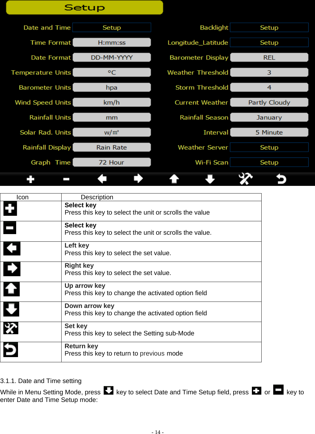  - 14 -   Icon Description  Select key Press this key to select the unit or scrolls the value   Select key Press this key to select the unit or scrolls the value.  Left key Press this key to select the set value.    Right key Press this key to select the set value.  Up arrow key Press this key to change the activated option field  Down arrow key Press this key to change the activated option field   Set key Press this key to select the Setting sub-Mode  Return key Press this key to return to previous mode   3.1.1. Date and Time setting While in Menu Setting Mode, press    key to select Date and Time Setup field, press   or   key to enter Date and Time Setup mode: 