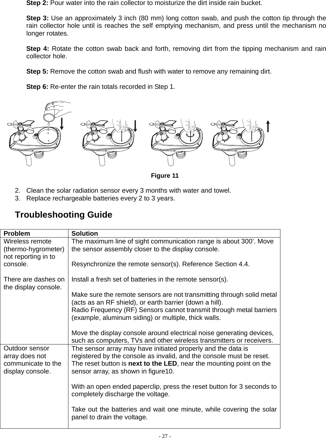  - 27 -  Step 2: Pour water into the rain collector to moisturize the dirt inside rain bucket.  Step 3: Use an approximately 3 inch (80 mm) long cotton swab, and push the cotton tip through the rain collector hole until is reaches the self emptying mechanism, and press until the mechanism no longer rotates.  Step 4: Rotate the cotton swab back and forth, removing dirt from the tipping mechanism and rain collector hole.  Step 5: Remove the cotton swab and flush with water to remove any remaining dirt.  Step 6: Re-enter the rain totals recorded in Step 1.  Figure 11  2.  Clean the solar radiation sensor every 3 months with water and towel. 3.  Replace rechargeable batteries every 2 to 3 years. Troubleshooting Guide  Problem Solution Wireless remote (thermo-hygrometer) not reporting in to console.  There are dashes on the display console. The maximum line of sight communication range is about 300’. Move the sensor assembly closer to the display console.  Resynchronize the remote sensor(s). Reference Section 4.4.  Install a fresh set of batteries in the remote sensor(s).  Make sure the remote sensors are not transmitting through solid metal (acts as an RF shield), or earth barrier (down a hill). Radio Frequency (RF) Sensors cannot transmit through metal barriers (example, aluminum siding) or multiple, thick walls.  Move the display console around electrical noise generating devices, such as computers, TVs and other wireless transmitters or receivers. Outdoor sensor array does not communicate to the display console. The sensor array may have initiated properly and the data is registered by the console as invalid, and the console must be reset. The reset button is next to the LED, near the mounting point on the sensor array, as shown in figure10.  With an open ended paperclip, press the reset button for 3 seconds to completely discharge the voltage.  Take out the batteries and wait one minute, while covering the solar panel to drain the voltage.  