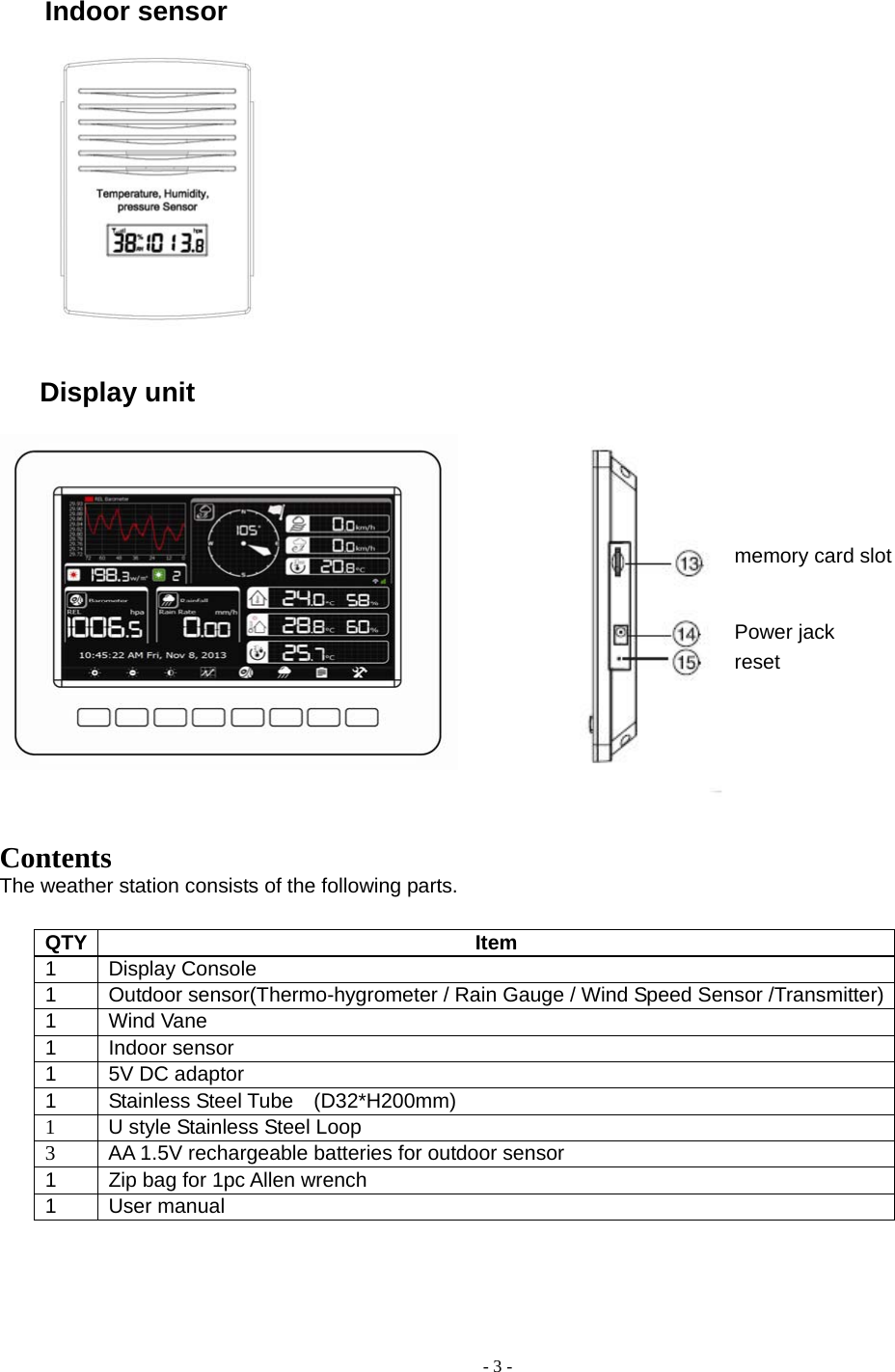  - 3 -                                                                                                        Display unit                                                                                                                                                                                                                                                                                                      Contents The weather station consists of the following parts.  QTY Item 1 Display Console 1  Outdoor sensor(Thermo-hygrometer / Rain Gauge / Wind Speed Sensor /Transmitter) 1 Wind Vane  1 Indoor sensor  1  5V DC adaptor 1 Stainless Steel Tube  (D32*H200mm) 1  U style Stainless Steel Loop 3  AA 1.5V rechargeable batteries for outdoor sensor 1  Zip bag for 1pc Allen wrench 1 User manual      memory card slot Power jack   Indoor sensor reset   