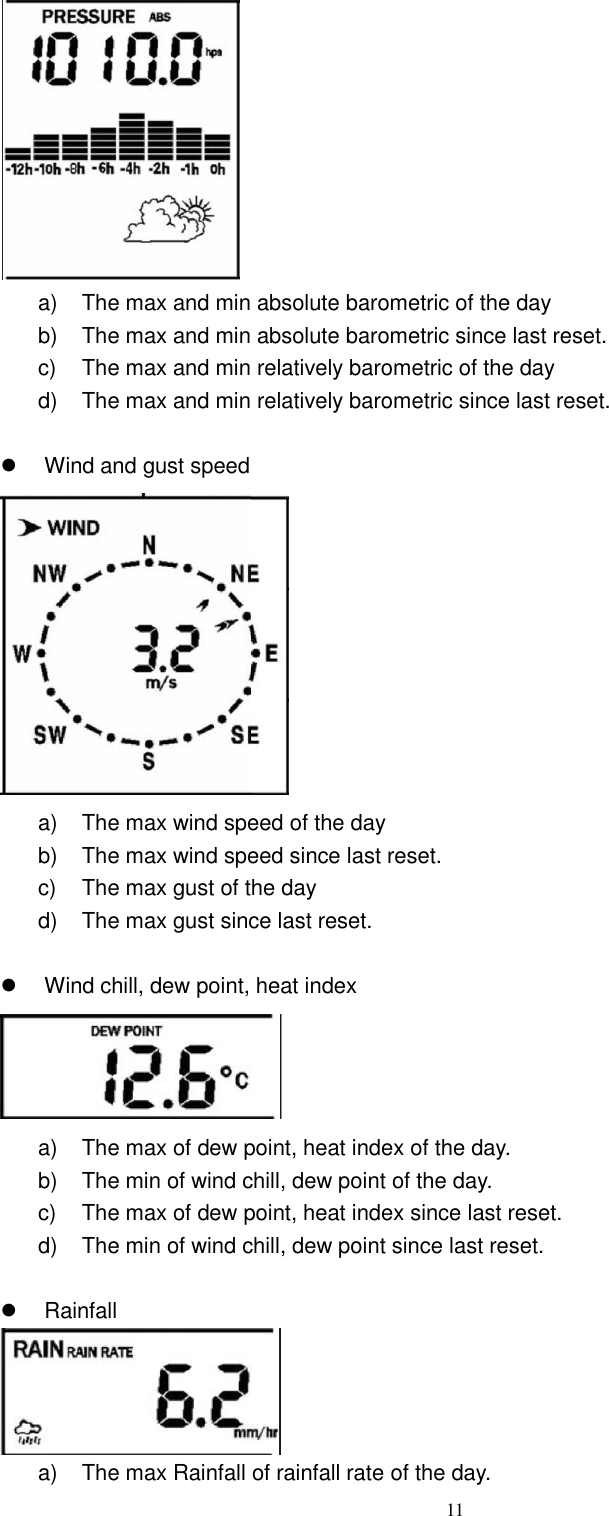   11  a)  The max and min absolute barometric of the day b)  The max and min absolute barometric since last reset. c)  The max and min relatively barometric of the day d)  The max and min relatively barometric since last reset.    Wind and gust speed    a)  The max wind speed of the day b)  The max wind speed since last reset. c)  The max gust of the day d)  The max gust since last reset.    Wind chill, dew point, heat index  a)  The max of dew point, heat index of the day. b)  The min of wind chill, dew point of the day. c)  The max of dew point, heat index since last reset. d)  The min of wind chill, dew point since last reset.    Rainfall    a)  The max Rainfall of rainfall rate of the day. 