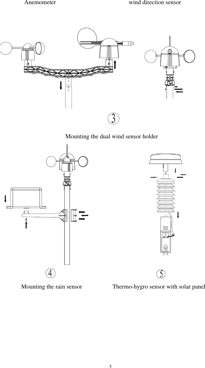   5          Anemometer                                                wind direction sensor  Mounting the dual wind sensor holder                   Mounting the rain sensor                    Thermo-hygro sensor with solar panel   