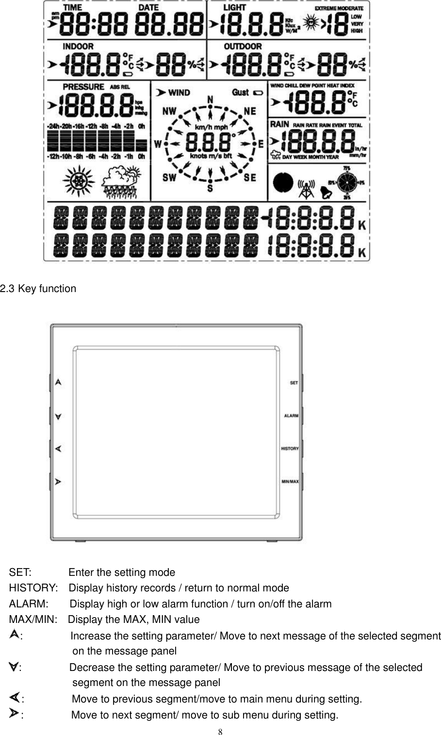   8   2.3 Key function    SET:              Enter the setting mode   HISTORY:    Display history records / return to normal mode ALARM:        Display high or low alarm function / turn on/off the alarm   MAX/MIN:  Display the MAX, MIN value :                  Increase the setting parameter/ Move to next message of the selected segment                           on the message panel :                  Decrease the setting parameter/ Move to previous message of the selected                         segment on the message panel :                  Move to previous segment/move to main menu during setting. :                  Move to next segment/ move to sub menu during setting. 