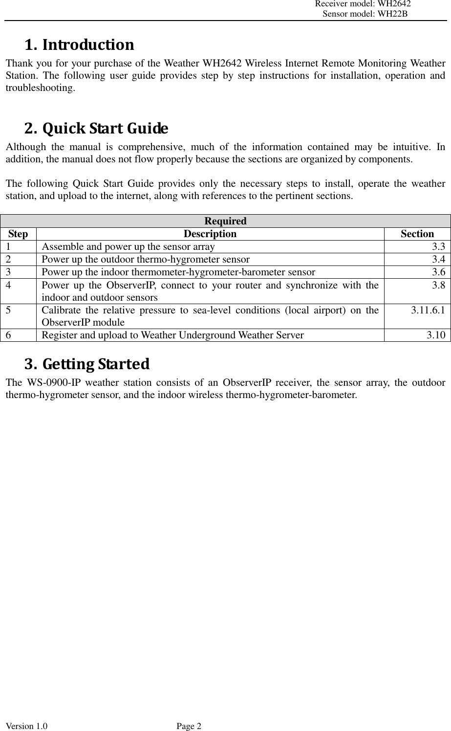                                                                                                                         Receiver model: WH2642                                                                                                                                           Sensor model: WH22B Version 1.0             Page 2 1. Introduction Thank you for your purchase of the Weather WH2642 Wireless Internet Remote Monitoring Weather Station. The  following user guide provides  step  by  step  instructions for installation,  operation  and troubleshooting.     2. Quick Start Guide Although  the  manual  is  comprehensive,  much  of  the  information  contained  may  be  intuitive.  In addition, the manual does not flow properly because the sections are organized by components.  The  following Quick  Start  Guide  provides  only  the  necessary  steps  to  install,  operate  the  weather station, and upload to the internet, along with references to the pertinent sections.  Required Step Description Section 1 Assemble and power up the sensor array 3.3 2 Power up the outdoor thermo-hygrometer sensor 3.4 3 Power up the indoor thermometer-hygrometer-barometer sensor 3.6 4 Power  up  the  ObserverIP,  connect  to  your  router  and  synchronize with  the indoor and outdoor sensors 3.8 5 Calibrate  the  relative  pressure  to  sea-level  conditions  (local  airport)  on  the ObserverIP module 3.11.6.1 6 Register and upload to Weather Underground Weather Server 3.10 3. Getting Started The  WS-0900-IP weather  station  consists  of  an  ObserverIP receiver,  the  sensor  array,  the  outdoor thermo-hygrometer sensor, and the indoor wireless thermo-hygrometer-barometer. 