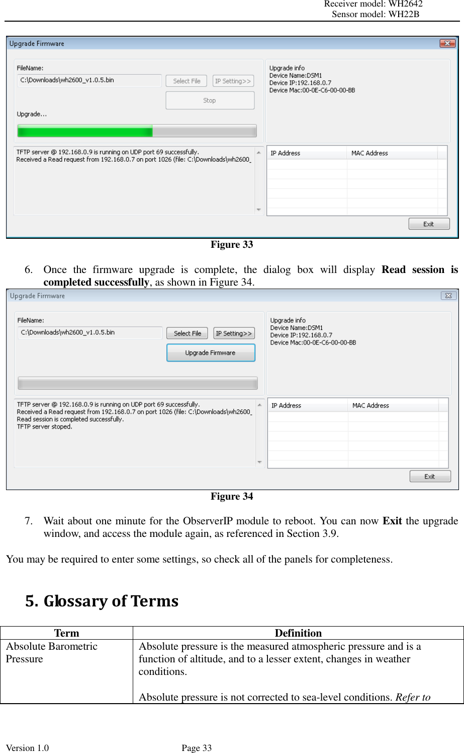                                                                                                                         Receiver model: WH2642                                                                                                                                           Sensor model: WH22B Version 1.0             Page 33  Figure 33  6. Once  the  firmware  upgrade  is  complete,  the  dialog  box  will  display  Read  session  is completed successfully, as shown in Figure 34.  Figure 34  7. Wait about one minute for the ObserverIP module to reboot. You can now Exit the upgrade window, and access the module again, as referenced in Section 3.9.  You may be required to enter some settings, so check all of the panels for completeness.  5. Glossary of Terms  Term Definition Absolute Barometric Pressure Absolute pressure is the measured atmospheric pressure and is a function of altitude, and to a lesser extent, changes in weather conditions.  Absolute pressure is not corrected to sea-level conditions. Refer to 