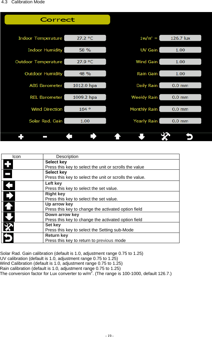    Icon Description  Select key Press this key to select the unit or scrolls the value  Select key Press this key to select the unit or scrolls the value.  Left key Press this key to select the set value.  Right key Press this key to select the set value. Up arrow key Press this key to change the activated option field  Down arrow key Press this key to change the activated option field  Set key Press this key to select the Setting sub-Mode  Return key Press this key to return to previous mode  Solar Rad. Gain calibration (default is 1.0, adjustment range 0.75 to 1.25) UV calibration (default is 1.0, adjustment range 0.75 to 1.25) Wind Calibration (default is 1.0, adjustment range 0.75 to 1.25) Rain calibration (default is 1.0, adjustment range 0.75 to 1.25) The conversion factor for Lux converter to w/m2. (The range is 100-1000, default 126.7.)   - 19 -  4.3 Calibration Mode 