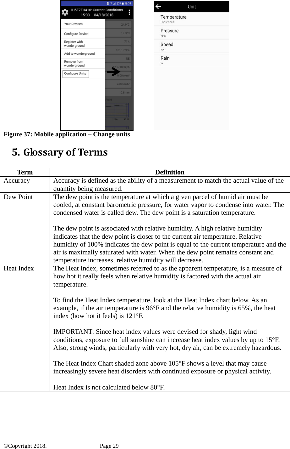                Figure 37: Mobile application – Change units 5. GlossaryofTerms Term Definition Accuracy  Accuracy is defined as the ability of a measurement to match the actual value of the quantity being measured. Dew Point  The dew point is the temperature at which a given parcel of humid air must be cooled, at constant barometric pressure, for water vapor to condense into water. The condensed water is called dew. The dew point is a saturation temperature.  The dew point is associated with relative humidity. A high relative humidity indicates that the dew point is closer to the current air temperature. Relative humidity of 100% indicates the dew point is equal to the current temperature and the air is maximally saturated with water. When the dew point remains constant and temperature increases, relative humidity will decrease. Heat Index  The Heat Index, sometimes referred to as the apparent temperature, is a measure of how hot it really feels when relative humidity is factored with the actual air temperature.  To find the Heat Index temperature, look at the Heat Index chart below. As an example, if the air temperature is 96°F and the relative humidity is 65%, the heat index (how hot it feels) is 121°F.  IMPORTANT: Since heat index values were devised for shady, light wind conditions, exposure to full sunshine can increase heat index values by up to 15°F. Also, strong winds, particularly with very hot, dry air, can be extremely hazardous.  The Heat Index Chart shaded zone above 105°F shows a level that may cause increasingly severe heat disorders with continued exposure or physical activity.  Heat Index is not calculated below 80°F.   ©Copyright 2018.    Page 29 