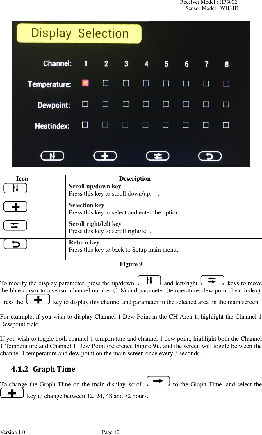 Receiver Model : HP3002 Sensor Model : WH31E  Version 1.0             Page 10   Icon Description  Scroll up/down key Press this key to scroll down/up.    .  Selection key Press this key to select and enter the option.  Scroll right/left key Press this key to scroll right/left.  Return key Press this key to back to Setup main menu. Figure 9  To modify the display parameter, press the up/down    and left/right    keys to move the blue cursor to a sensor channel number (1-8) and parameter (temperature, dew point, heat index). Press the    key to display this channel and parameter in the selected area on the main screen.    For example, if you wish to display Channel 1 Dew Point in the CH Area 1, highlight the Channel 1 Dewpoint field.  If you wish to toggle both channel 1 temperature and channel 1 dew point, highlight both the Channel 1 Temperature and Channel 1 Dew Point (reference Figure 9),, and the screen will toggle between the channel 1 temperature and dew point on the main screen once every 3 seconds. 4.1.2 Graph Time To change the Graph Time on the main display, scroll   to the Graph Time, and select the   key to change between 12, 24, 48 and 72 hours. 