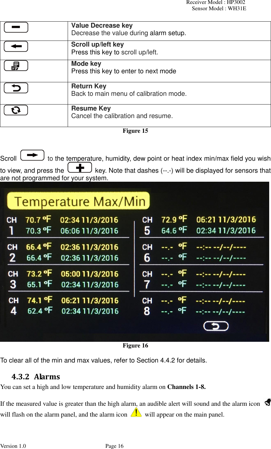 Receiver Model : HP3002 Sensor Model : WH31E  Version 1.0             Page 16  Value Decrease key Decrease the value during alarm setup.  Scroll up/left key Press this key to scroll up/left.  Mode key Press this key to enter to next mode  Return Key Back to main menu of calibration mode.  Resume Key Cancel the calibration and resume. Figure 15   Scroll    to the temperature, humidity, dew point or heat index min/max field you wish to view, and press the    key. Note that dashes (--.-) will be displayed for sensors that are not programmed for your system.  Figure 16  To clear all of the min and max values, refer to Section 4.4.2 for details. 4.3.2 Alarms You can set a high and low temperature and humidity alarm on Channels 1-8.    If the measured value is greater than the high alarm, an audible alert will sound and the alarm icon     will flash on the alarm panel, and the alarm icon    will appear on the main panel.  