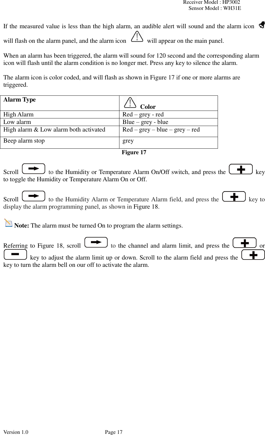 Receiver Model : HP3002 Sensor Model : WH31E  Version 1.0             Page 17 If the measured value is less than the high alarm, an audible alert will sound and the alarm icon    will flash on the alarm panel, and the alarm icon    will appear on the main panel.  When an alarm has been triggered, the alarm will sound for 120 second and the corresponding alarm icon will flash until the alarm condition is no longer met. Press any key to silence the alarm.  The alarm icon is color coded, and will flash as shown in Figure 17 if one or more alarms are triggered.  Alarm Type   Color High Alarm Red – grey - red Low alarm Blue – grey - blue High alarm &amp; Low alarm both activated Red – grey – blue – grey – red Beep alarm stop grey Figure 17  Scroll    to the Humidity or Temperature Alarm On/Off switch, and press the    key to toggle the Humidity or Temperature Alarm On or Off.  Scroll    to the Humidity Alarm or Temperature Alarm field, and press the    key to display the alarm programming panel, as shown in Figure 18.  Note: The alarm must be turned On to program the alarm settings.  Referring to Figure 18, scroll    to the channel and alarm limit, and press the    or   key to adjust the alarm limit up or down. Scroll to the alarm field and press the   key to turn the alarm bell on our off to activate the alarm.  