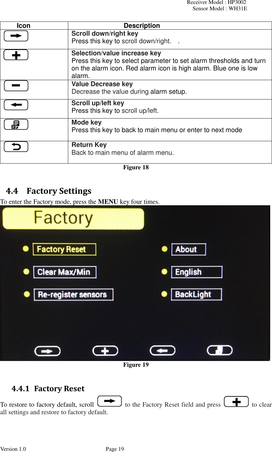 Receiver Model : HP3002 Sensor Model : WH31E  Version 1.0             Page 19 Icon Description  Scroll down/right key Press this key to scroll down/right.    .  Selection/value increase key Press this key to select parameter to set alarm thresholds and turn on the alarm icon. Red alarm icon is high alarm. Blue one is low alarm.    Value Decrease key Decrease the value during alarm setup.  Scroll up/left key Press this key to scroll up/left.  Mode key Press this key to back to main menu or enter to next mode  Return Key Back to main menu of alarm menu. Figure 18  4.4 Factory Settings To enter the Factory mode, press the MENU key four times.  Figure 19  4.4.1 Factory Reset To restore to factory default, scroll    to the Factory Reset field and press    to clear all settings and restore to factory default.  