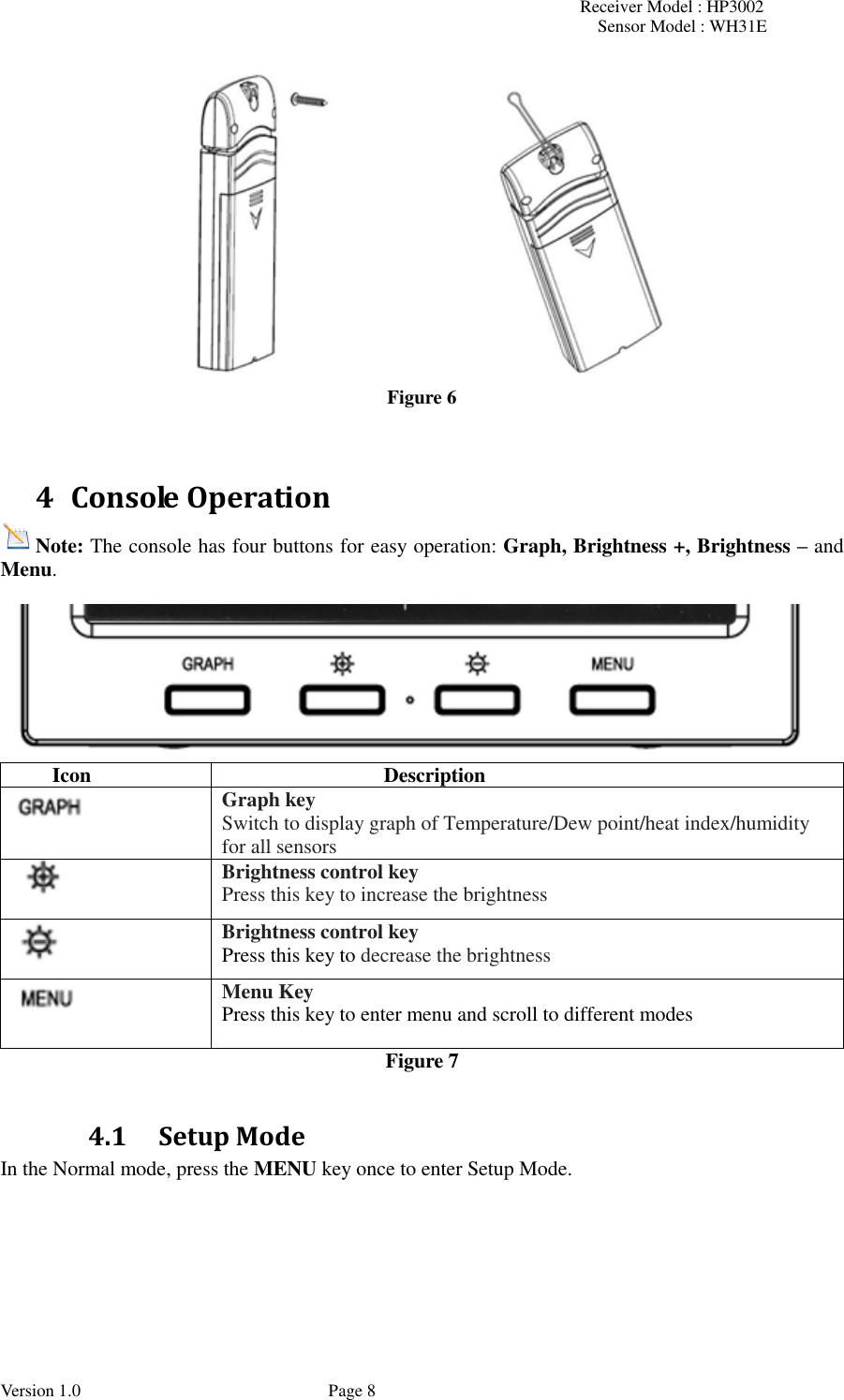 Receiver Model : HP3002 Sensor Model : WH31E  Version 1.0             Page 8  Figure 6   4 Console Operation Note: The console has four buttons for easy operation: Graph, Brightness +, Brightness – and Menu.   Icon Description  Graph key Switch to display graph of Temperature/Dew point/heat index/humidity for all sensors  Brightness control key Press this key to increase the brightness  Brightness control key Press this key to decrease the brightness  Menu Key Press this key to enter menu and scroll to different modes Figure 7  4.1 Setup Mode In the Normal mode, press the MENU key once to enter Setup Mode.  