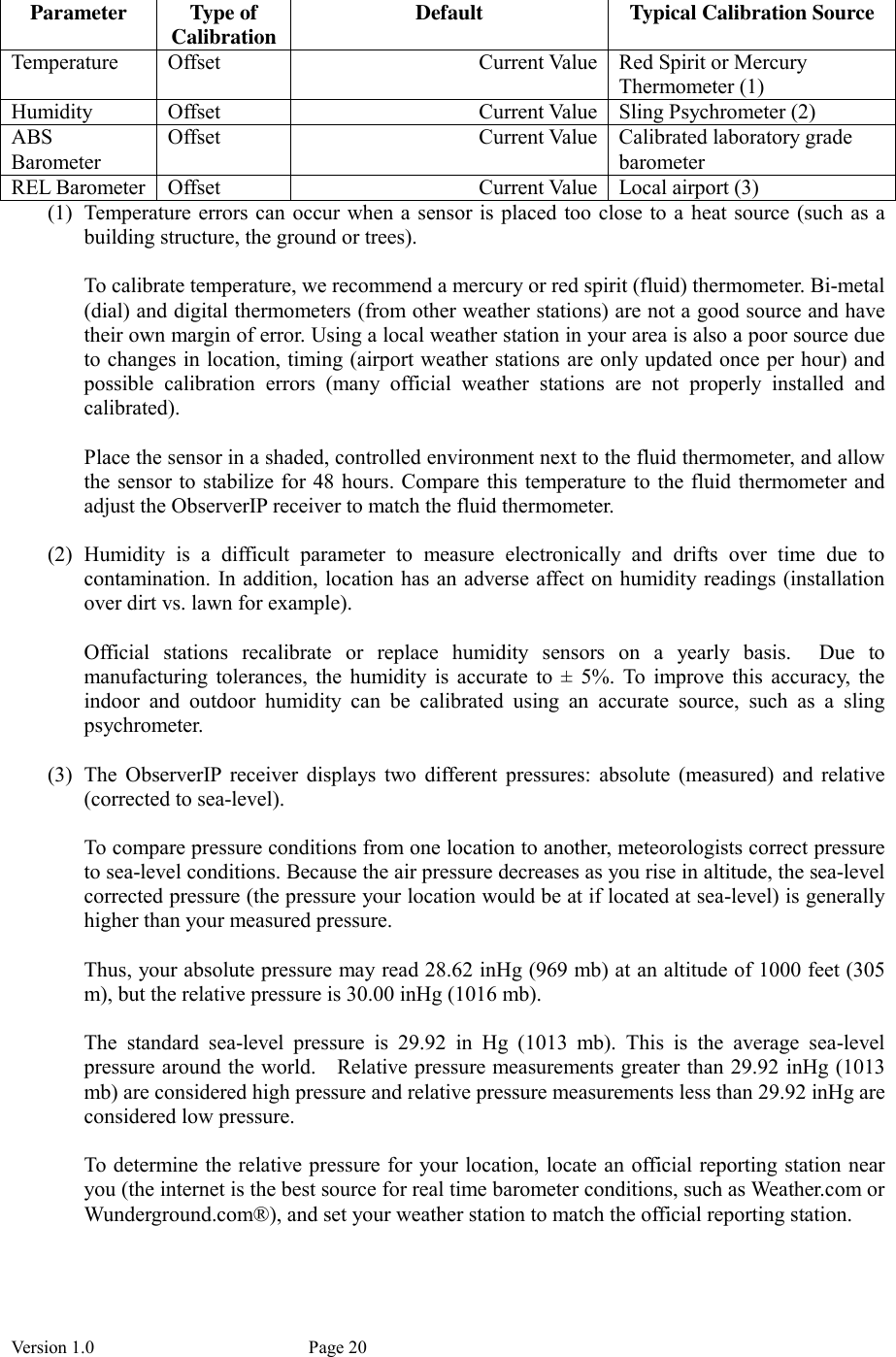 Version 1.0           Page 20  Parameter  Type of Calibration  Default  Typical Calibration Source Temperature  Offset  Current Value  Red Spirit or Mercury Thermometer (1) Humidity  Offset  Current Value  Sling Psychrometer (2) ABS Barometer Offset  Current Value  Calibrated laboratory grade barometer REL Barometer  Offset  Current Value  Local airport (3) (1) Temperature errors can occur when a  sensor is placed too close to a heat source (such as a building structure, the ground or trees).  To calibrate temperature, we recommend a mercury or red spirit (fluid) thermometer. Bi-metal (dial) and digital thermometers (from other weather stations) are not a good source and have their own margin of error. Using a local weather station in your area is also a poor source due to changes in location, timing (airport weather stations are only updated once per hour) and possible  calibration  errors  (many  official  weather  stations  are  not  properly  installed  and calibrated).  Place the sensor in a shaded, controlled environment next to the fluid thermometer, and allow the sensor  to stabilize for 48 hours. Compare this temperature to the fluid thermometer and adjust the ObserverIP receiver to match the fluid thermometer.  (2) Humidity  is  a  difficult  parameter  to  measure  electronically  and  drifts  over  time  due  to contamination. In addition, location has an adverse affect on humidity  readings (installation over dirt vs. lawn for example).    Official  stations  recalibrate  or  replace  humidity  sensors  on  a  yearly  basis.    Due  to manufacturing  tolerances,  the  humidity  is  accurate  to  ±  5%.  To  improve this  accuracy,  the indoor  and  outdoor  humidity  can  be  calibrated  using  an  accurate  source,  such  as  a  sling psychrometer.  (3) The  ObserverIP  receiver  displays  two  different  pressures:  absolute  (measured)  and  relative (corrected to sea-level).  To compare pressure conditions from one location to another, meteorologists correct pressure to sea-level conditions. Because the air pressure decreases as you rise in altitude, the sea-level corrected pressure (the pressure your location would be at if located at sea-level) is generally higher than your measured pressure.  Thus, your absolute pressure may read 28.62 inHg (969 mb) at an altitude of 1000 feet (305 m), but the relative pressure is 30.00 inHg (1016 mb).  The  standard  sea-level  pressure  is  29.92  in  Hg  (1013  mb).  This  is  the  average  sea-level pressure around the world.    Relative pressure measurements greater than 29.92 inHg (1013 mb) are considered high pressure and relative pressure measurements less than 29.92 inHg are considered low pressure.  To determine the relative pressure for your location, locate an official reporting station near you (the internet is the best source for real time barometer conditions, such as Weather.com or Wunderground.com®), and set your weather station to match the official reporting station.  