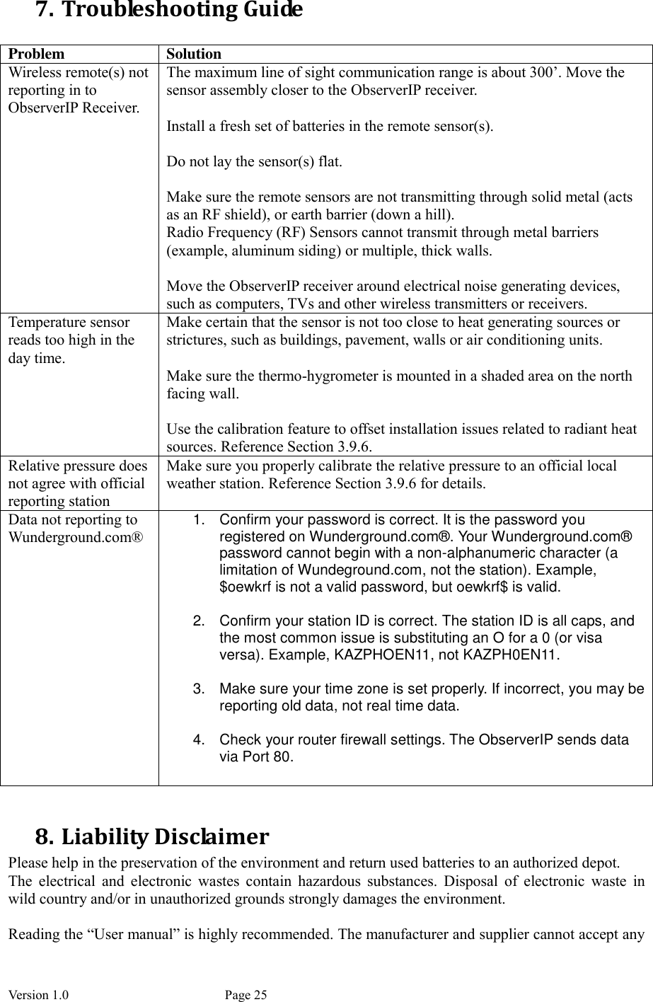 Version 1.0           Page 25 7. Troubleshooting Guide  Problem  Solution Wireless remote(s) not reporting in to ObserverIP Receiver.  The maximum line of sight communication range is about 300’. Move the sensor assembly closer to the ObserverIP receiver.  Install a fresh set of batteries in the remote sensor(s).  Do not lay the sensor(s) flat.  Make sure the remote sensors are not transmitting through solid metal (acts as an RF shield), or earth barrier (down a hill). Radio Frequency (RF) Sensors cannot transmit through metal barriers (example, aluminum siding) or multiple, thick walls.  Move the ObserverIP receiver around electrical noise generating devices, such as computers, TVs and other wireless transmitters or receivers. Temperature sensor reads too high in the day time. Make certain that the sensor is not too close to heat generating sources or strictures, such as buildings, pavement, walls or air conditioning units.  Make sure the thermo-hygrometer is mounted in a shaded area on the north facing wall.  Use the calibration feature to offset installation issues related to radiant heat sources. Reference Section 3.9.6. Relative pressure does not agree with official reporting station Make sure you properly calibrate the relative pressure to an official local weather station. Reference Section 3.9.6 for details. Data not reporting to Wunderground.com® 1.  Confirm your password is correct. It is the password you registered on Wunderground.com®. Your Wunderground.com® password cannot begin with a non-alphanumeric character (a limitation of Wundeground.com, not the station). Example, $oewkrf is not a valid password, but oewkrf$ is valid.  2.  Confirm your station ID is correct. The station ID is all caps, and the most common issue is substituting an O for a 0 (or visa versa). Example, KAZPHOEN11, not KAZPH0EN11.  3.  Make sure your time zone is set properly. If incorrect, you may be reporting old data, not real time data.  4.  Check your router firewall settings. The ObserverIP sends data via Port 80.  8. Liability Disclaimer Please help in the preservation of the environment and return used batteries to an authorized depot.   The  electrical  and  electronic  wastes  contain  hazardous  substances.  Disposal  of  electronic  waste  in wild country and/or in unauthorized grounds strongly damages the environment.  Reading the “User manual” is highly recommended. The manufacturer and supplier cannot accept any 