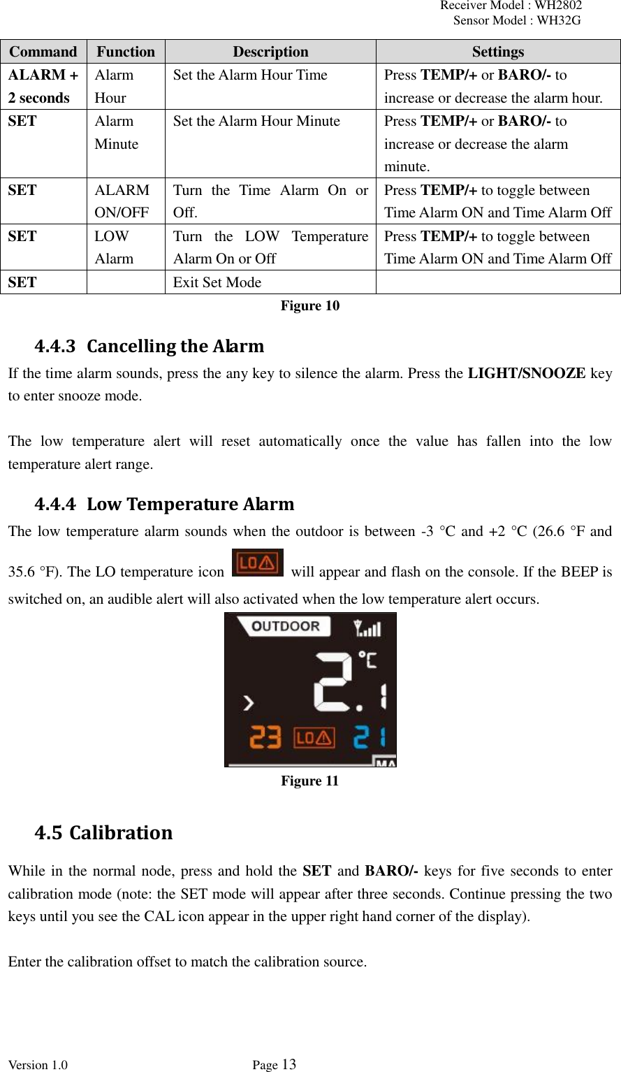 Receiver Model : WH2802 Sensor Model : WH32G Version 1.0             Page 13  Command Function Description Settings ALARM + 2 seconds Alarm Hour Set the Alarm Hour Time Press TEMP/+ or BARO/- to increase or decrease the alarm hour. SET Alarm Minute Set the Alarm Hour Minute Press TEMP/+ or BARO/- to increase or decrease the alarm minute. SET ALARM ON/OFF Turn  the  Time  Alarm  On  or Off.   Press TEMP/+ to toggle between Time Alarm ON and Time Alarm Off SET LOW Alarm Turn  the  LOW  Temperature Alarm On or Off Press TEMP/+ to toggle between Time Alarm ON and Time Alarm Off SET  Exit Set Mode  Figure 10 4.4.3 Cancelling the Alarm If the time alarm sounds, press the any key to silence the alarm. Press the LIGHT/SNOOZE key to enter snooze mode.  The  low  temperature  alert  will  reset  automatically  once  the  value  has  fallen  into  the  low temperature alert range. 4.4.4 Low Temperature Alarm The low temperature alarm sounds when the outdoor is between -3 °C and +2 °C (26.6 °F and 35.6 °F). The LO temperature icon    will appear and flash on the console. If the BEEP is switched on, an audible alert will also activated when the low temperature alert occurs.  Figure 11 4.5 Calibration While in the normal node, press and hold the SET and BARO/- keys for five seconds to enter calibration mode (note: the SET mode will appear after three seconds. Continue pressing the two keys until you see the CAL icon appear in the upper right hand corner of the display).  Enter the calibration offset to match the calibration source. 