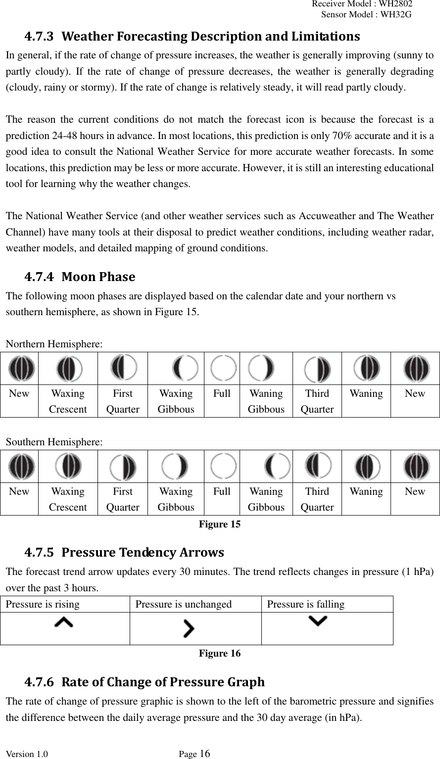 Receiver Model : WH2802 Sensor Model : WH32G Version 1.0             Page 16  4.7.3 Weather Forecasting Description and Limitations In general, if the rate of change of pressure increases, the weather is generally improving (sunny to partly  cloudy).  If  the  rate  of  change  of  pressure  decreases,  the  weather  is  generally  degrading (cloudy, rainy or stormy). If the rate of change is relatively steady, it will read partly cloudy.  The  reason  the  current  conditions  do  not  match  the  forecast  icon  is  because  the  forecast  is  a prediction 24-48 hours in advance. In most locations, this prediction is only 70% accurate and it is a good idea to consult the National Weather Service for more accurate weather forecasts. In some locations, this prediction may be less or more accurate. However, it is still an interesting educational tool for learning why the weather changes.  The National Weather Service (and other weather services such as Accuweather and The Weather Channel) have many tools at their disposal to predict weather conditions, including weather radar, weather models, and detailed mapping of ground conditions. 4.7.4 Moon Phase The following moon phases are displayed based on the calendar date and your northern vs southern hemisphere, as shown in Figure 15.  Northern Hemisphere:            New Waxing Crescent First Quarter Waxing Gibbous Full Waning Gibbous Third Quarter Waning  New  Southern Hemisphere:            New Waxing Crescent First Quarter Waxing Gibbous Full Waning Gibbous Third Quarter Waning  New Figure 15 4.7.5 Pressure Tendency Arrows The forecast trend arrow updates every 30 minutes. The trend reflects changes in pressure (1 hPa) over the past 3 hours. Pressure is rising Pressure is unchanged Pressure is falling    Figure 16 4.7.6 Rate of Change of Pressure Graph The rate of change of pressure graphic is shown to the left of the barometric pressure and signifies the difference between the daily average pressure and the 30 day average (in hPa).  