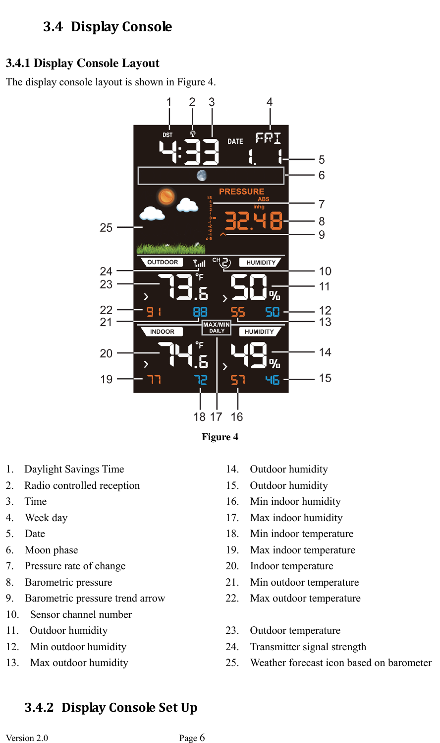  Version 2.0             Page 6  3.4 Display Console 3.4.1 Display Console Layout The display console layout is shown in Figure 4.  Figure 4  1. Daylight Savings Time 14.    Outdoor humidity 2. Radio controlled reception 15.    Outdoor humidity 3. Time 16.    Min indoor humidity 4.    Week day 17.    Max indoor humidity 5.    Date 18.    Min indoor temperature 6.    Moon phase 19.    Max indoor temperature 7.    Pressure rate of change 20.    Indoor temperature 8.    Barometric pressure 21.    Min outdoor temperature 9.    Barometric pressure trend arrow 10.    Sensor channel number 22.    Max outdoor temperature 11.    Outdoor humidity 23.    Outdoor temperature 12.    Min outdoor humidity 24.    Transmitter signal strength 13.    Max outdoor humidity 25.    Weather forecast icon based on barometer  3.4.2 Display Console Set Up 