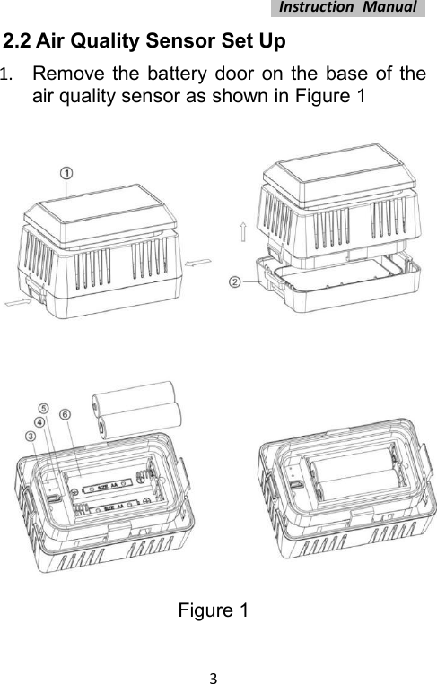 Instruction Manual32.2 Air Quality Sensor Set Up1. Remove the battery door on the base of theair quality sensor as shown in Figure 1Figure 1