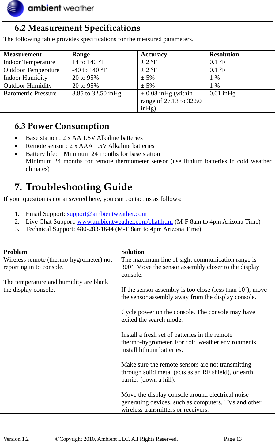  Version 1.2     ©Copyright 2010, Ambient LLC. All Rights Reserved.        Page 13 6.2MeasurementSpecificationsThe following table provides specifications for the measured parameters.    Measurement Range  Accuracy  Resolution Indoor Temperature  14 to 140 °F  ± 2 °F  0.1 °F Outdoor Temperature  -40 to 140 °F  ± 2 °F  0.1 °F Indoor Humidity  20 to 95%  ± 5%  1 % Outdoor Humidity  20 to 95%  ± 5%  1 % Barometric Pressure  8.85 to 32.50 inHg  ± 0.08 inHg (within range of 27.13 to 32.50 inHg) 0.01 inHg 6.3PowerConsumption• Base station : 2 x AA 1.5V Alkaline batteries • Remote sensor : 2 x AAA 1.5V Alkaline batteries • Battery life:    Minimum 24 months for base station   Minimum 24 months for remote thermometer sensor (use lithium batteries in cold weather climates) 7. TroubleshootingGuideIf your question is not answered here, you can contact us as follows:  1. Email Support: support@ambientweather.com 2. Live Chat Support: www.ambientweather.com/chat.html (M-F 8am to 4pm Arizona Time) 3. Technical Support: 480-283-1644 (M-F 8am to 4pm Arizona Time)   Problem Solution Wireless remote (thermo-hygrometer) not reporting in to console.  The temperature and humidity are blank the display console. The maximum line of sight communication range is 300’. Move the sensor assembly closer to the display console.  If the sensor assembly is too close (less than 10’), move the sensor assembly away from the display console.  Cycle power on the console. The console may have exited the search mode.  Install a fresh set of batteries in the remote thermo-hygrometer. For cold weather environments, install lithium batteries.  Make sure the remote sensors are not transmitting through solid metal (acts as an RF shield), or earth barrier (down a hill).  Move the display console around electrical noise generating devices, such as computers, TVs and other wireless transmitters or receivers. 