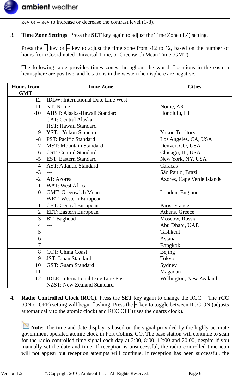  Version 1.2     ©Copyright 2010, Ambient LLC. All Rights Reserved.        Page 6 key or – key to increase or decrease the contrast level (1-8).  3. Time Zone Settings. Press the SET key again to adjust the Time Zone (TZ) setting.  Press the + key or – key to adjust the time zone from -12 to 12, based on the number of hours from Coordinated Universal Time, or Greenwich Mean Time (GMT).  The following table provides times zones throughout the world. Locations in the eastern hemisphere are positive, and locations in the western hemisphere are negative.  Hours from GMT  Time Zone  Cities -12  IDLW: International Date Line West  --- -11 NT: Nome  Nome, AK -10 AHST: Alaska-Hawaii Standard CAT: Central Alaska HST: Hawaii Standard Honolulu, HI -9  YST:   Yukon Standard  Yukon Territory -8  PST: Pacific Standard  Los Angeles, CA, USA -7  MST: Mountain Standard  Denver, CO, USA -6  CST: Central Standard  Chicago, IL, USA -5  EST: Eastern Standard  New York, NY, USA -4 AST: Atlantic Standard  Caracas -3  ---  São Paulo, Brazil -2 AT: Azores  Azores, Cape Verde Islands -1 WAT: West Africa  --- 0 GMT: Greenwich Mean WET: Western European  London, England 1 CET: Central European  Paris, France 2  EET: Eastern European  Athens, Greece 3 BT: Baghdad  Moscow, Russia 4  ---  Abu Dhabi, UAE 5 ---  Tashkent 6 ---  Astana 7 ---  Bangkok 8  CCT: China Coast  Bejing 9 JST: Japan Standard  Tokyo 10  GST: Guam Standard  Sydney 11 ---  Magadan 12  IDLE: International Date Line East NZST: New Zealand Standard  Wellington, New Zealand  4. Radio Controlled Clock (RCC). Press the SET key again to change the RCC.    The rCC (ON or OFF) setting will begin flashing. Press the + key to toggle between RCC ON (adjusts automatically to the atomic clock) and RCC OFF (uses the quartz clock).  Note: The time and date display is based on the signal provided by the highly accurate government operated atomic clock in Fort Collins, CO. The base station will continue to scan for the radio controlled time signal each day at 2:00, 8:00, 12:00 and 20:00, despite if you manually set the date and time. If reception is unsuccessful, the radio controlled time icon will not appear but reception attempts will continue. If reception has been successful, the 