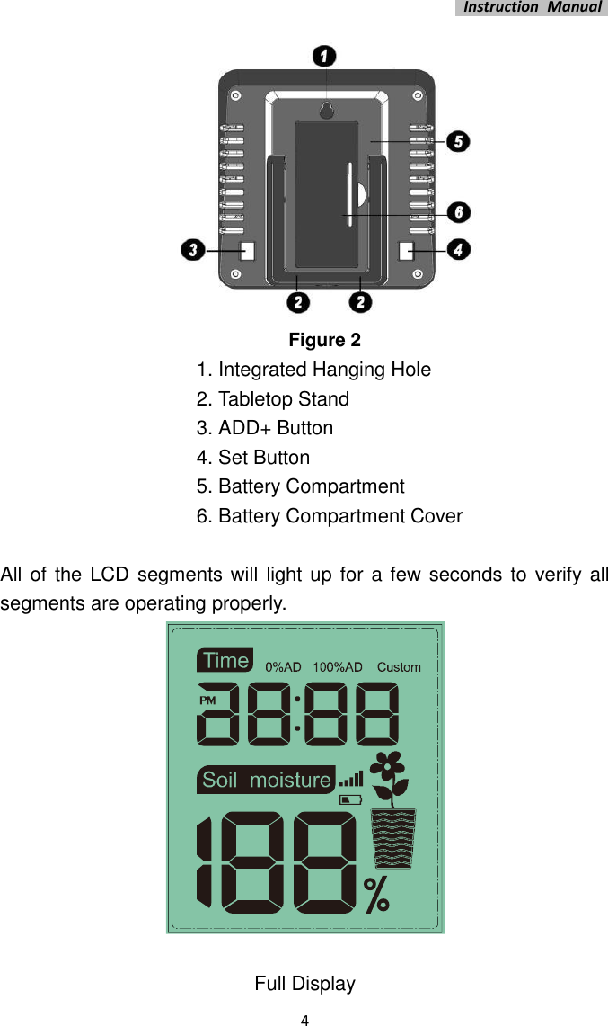   Instruction  Manual    4  Figure 2 1. Integrated Hanging Hole 2. Tabletop Stand 3. ADD+ Button 4. Set Button 5. Battery Compartment 6. Battery Compartment Cover  All of the LCD segments will light up for a few seconds to verify all segments are operating properly.   Full Display 