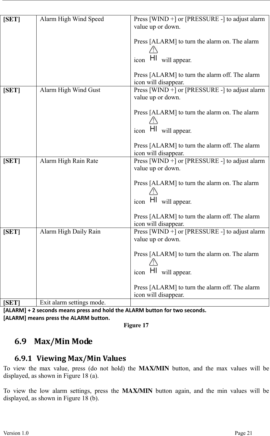  Version 1.0                                                                                                                                  Page 21 [SET] Alarm High Wind Speed Press [WIND +] or [PRESSURE -] to adjust alarm value up or down.  Press [ALARM] to turn the alarm on. The alarm icon    will appear.  Press [ALARM] to turn the alarm off. The alarm icon will disappear. [SET] Alarm High Wind Gust Press [WIND +] or [PRESSURE -] to adjust alarm value up or down.  Press [ALARM] to turn the alarm on. The alarm icon    will appear.  Press [ALARM] to turn the alarm off. The alarm icon will disappear. [SET] Alarm High Rain Rate Press [WIND +] or [PRESSURE -] to adjust alarm value up or down.  Press [ALARM] to turn the alarm on. The alarm icon    will appear.  Press [ALARM] to turn the alarm off. The alarm icon will disappear. [SET] Alarm High Daily Rain Press [WIND +] or [PRESSURE -] to adjust alarm value up or down.  Press [ALARM] to turn the alarm on. The alarm icon    will appear.  Press [ALARM] to turn the alarm off. The alarm icon will disappear. [SET] Exit alarm settings mode.  [ALARM] + 2 seconds means press and hold the ALARM button for two seconds. [ALARM] means press the ALARM button. Figure 17 6.9   Max/Min Mode 6.9.1 Viewing Max/Min Values To  view  the  max  value,  press  (do  not  hold)  the  MAX/MIN  button,  and  the  max  values  will  be displayed, as shown in Figure 18 (a).    To  view  the  low  alarm  settings,  press  the  MAX/MIN  button  again,  and  the  min  values  will  be displayed, as shown in Figure 18 (b).  