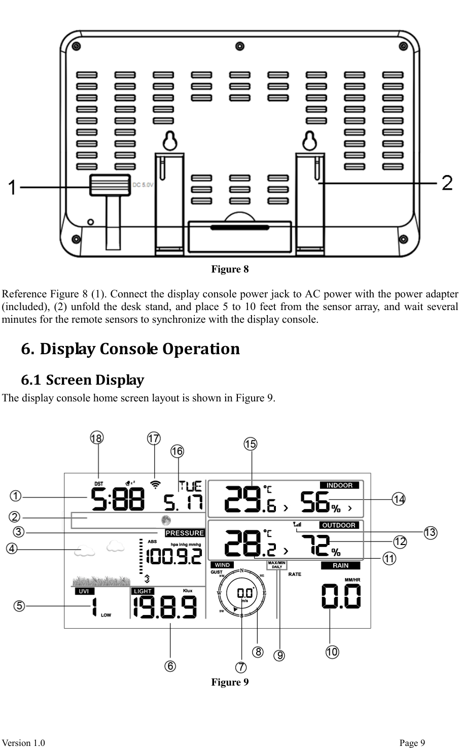  Version 1.0                                                                                                                                  Page 9  Figure 8  Reference Figure 8 (1). Connect the display console power jack to AC power with the power adapter (included), (2) unfold the desk stand, and place 5 to 10 feet from the sensor array, and wait several minutes for the remote sensors to synchronize with the display console. 6. Display Console Operation 6.1 Screen Display The display console home screen layout is shown in Figure 9.     Figure 9  