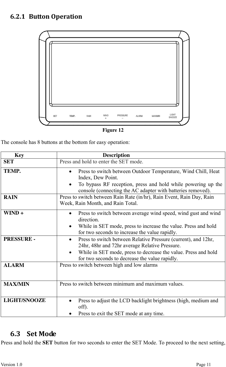  Version 1.0                                                                                                                                  Page 11 6.2.1 Button Operation   Figure 12  The console has 8 buttons at the bottom for easy operation:  Key Description SET   Press and hold to enter the SET mode. TEMP.  Press to switch between Outdoor Temperature, Wind Chill, Heat Index, Dew Point.  To bypass RF reception, press and hold while powering up the console (connecting the AC adapter with batteries removed). RAIN   Press to switch between Rain Rate (in/hr), Rain Event, Rain Day, Rain Week, Rain Month, and Rain Total. WIND +  Press to switch between average wind speed, wind gust and wind direction.  While in SET mode, press to increase the value. Press and hold for two seconds to increase the value rapidly. PRESSURE -  Press to switch between Relative Pressure (current), and 12hr, 24hr, 48hr and 72hr average Relative Pressure.  While in SET mode, press to decrease the value. Press and hold for two seconds to decrease the value rapidly. ALARM   Press to switch between high and low alarms MAX/MIN Press to switch between minimum and maximum values. LIGHT/SNOOZE  Press to adjust the LCD backlight brightness (high, medium and off).  Press to exit the SET mode at any time.  6.3   Set Mode Press and hold the SET button for two seconds to enter the SET Mode. To proceed to the next setting, 