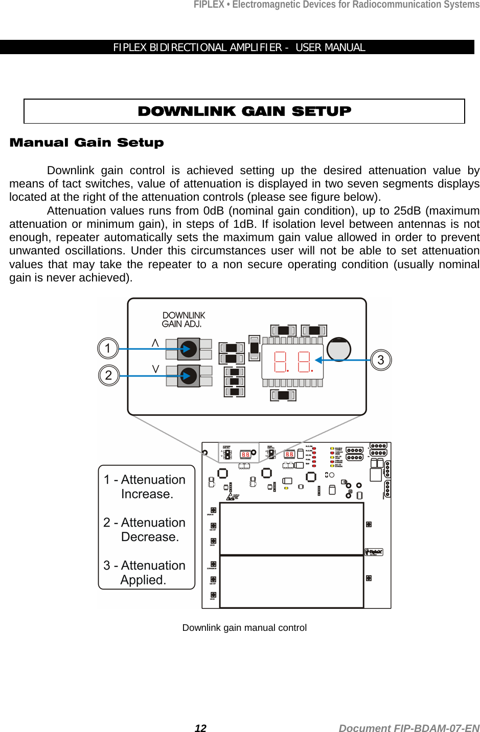 FIPLEX • Electromagnetic Devices for Radiocommunication Systems   FIPLEX BIDIRECTIONAL AMPLIFIER -  USER MANUAL    DOWNLINK GAIN SETUP  Manual Gain Setup  Downlink gain control is achieved setting up the desired attenuation value by means of tact switches, value of attenuation is displayed in two seven segments displays located at the right of the attenuation controls (please see figure below).  Attenuation values runs from 0dB (nominal gain condition), up to 25dB (maximum attenuation or minimum gain), in steps of 1dB. If isolation level between antennas is not enough, repeater automatically sets the maximum gain value allowed in order to prevent unwanted oscillations. Under this circumstances user will not be able to set attenuation values that may take the repeater to a non secure operating condition (usually nominal gain is never achieved).     Downlink gain manual control  12                                             Document FIP-BDAM-07-EN 