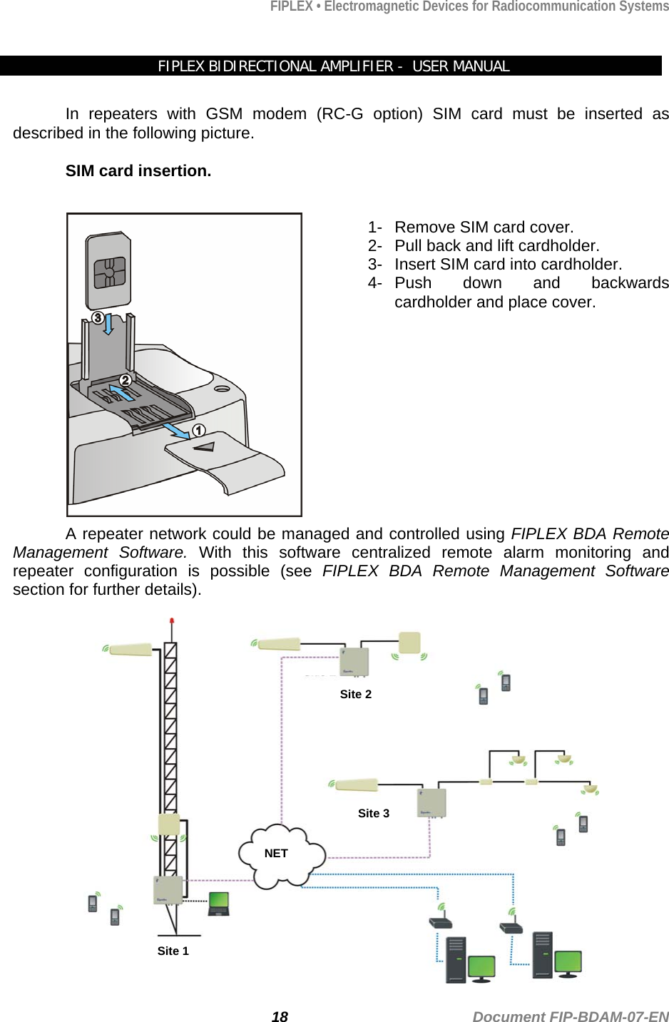 FIPLEX • Electromagnetic Devices for Radiocommunication Systems   FIPLEX BIDIRECTIONAL AMPLIFIER -  USER MANUAL  In repeaters with GSM modem (RC-G option) SIM card must be inserted as described in the following picture.   SIM card insertion.     1-  Remove SIM card cover. 2-  Pull back and lift cardholder. 3-  Insert SIM card into cardholder. 4- Push down and backwards cardholder and place cover.              A repeater network could be managed and controlled using FIPLEX BDA Remote Management Software. With this software centralized remote alarm monitoring and repeater configuration is possible (see FIPLEX BDA Remote Management Software section for further details).   NET Site 3 Site 2 Site 1                          18                                             Document FIP-BDAM-07-EN 