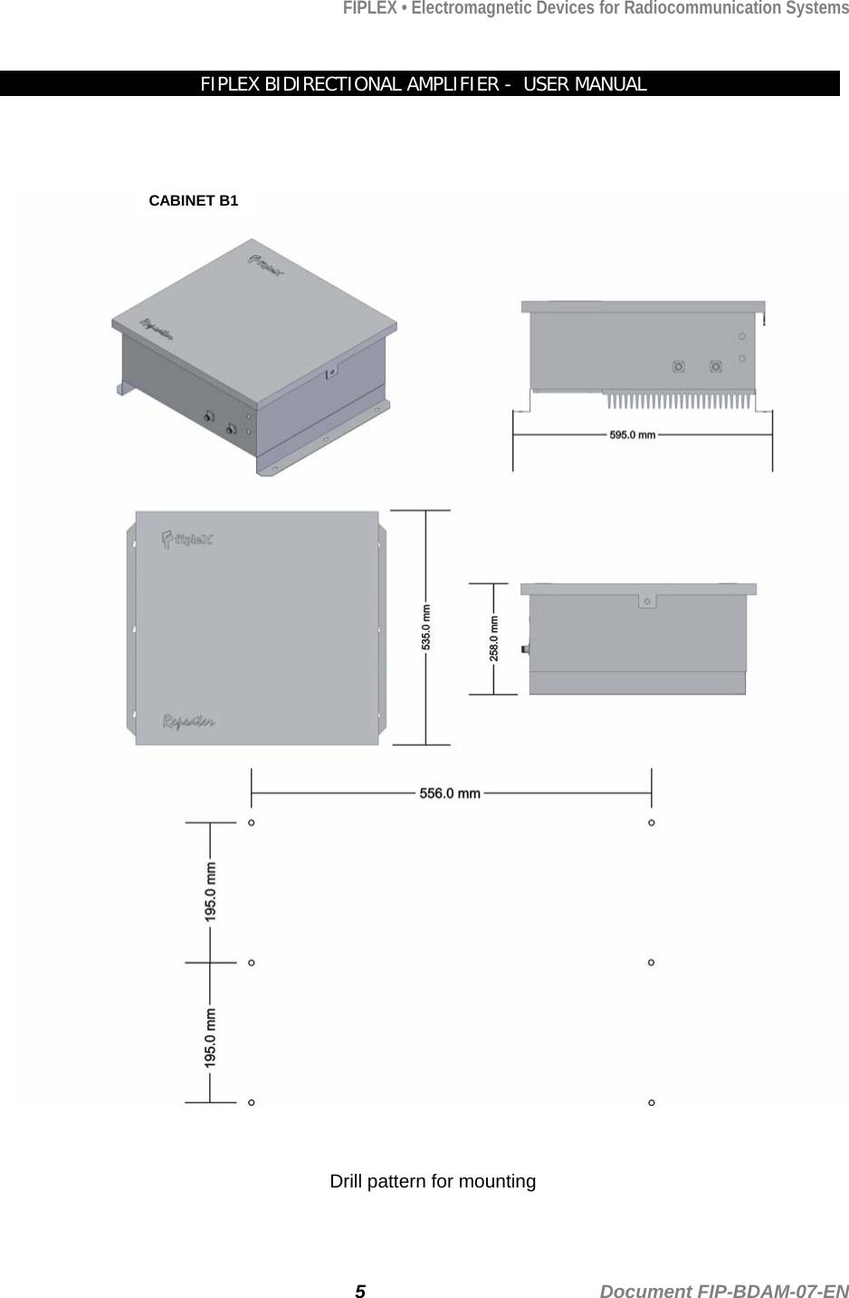 FIPLEX • Electromagnetic Devices for Radiocommunication Systems   FIPLEX BIDIRECTIONAL AMPLIFIER -  USER MANUAL      CABINET B1    Drill pattern for mounting   5                                             Document FIP-BDAM-07-EN 