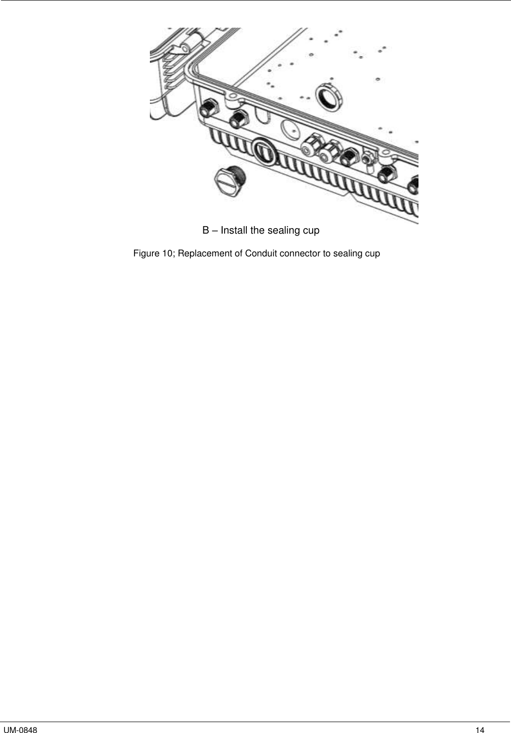   UM-0848      14                         B – Install the sealing cup  Figure 10; Replacement of Conduit connector to sealing cup  