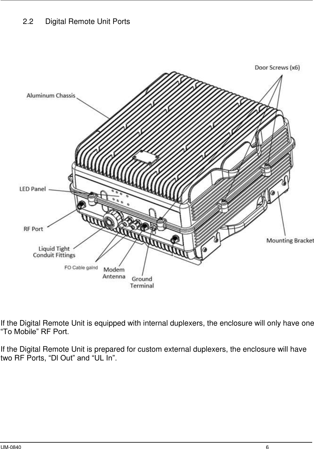  UM-0840  6 2.2  Digital Remote Unit Ports            If the Digital Remote Unit is equipped with internal duplexers, the enclosure will only have one “To Mobile” RF Port.  If the Digital Remote Unit is prepared for custom external duplexers, the enclosure will have two RF Ports, “Dl Out” and “UL In”. 