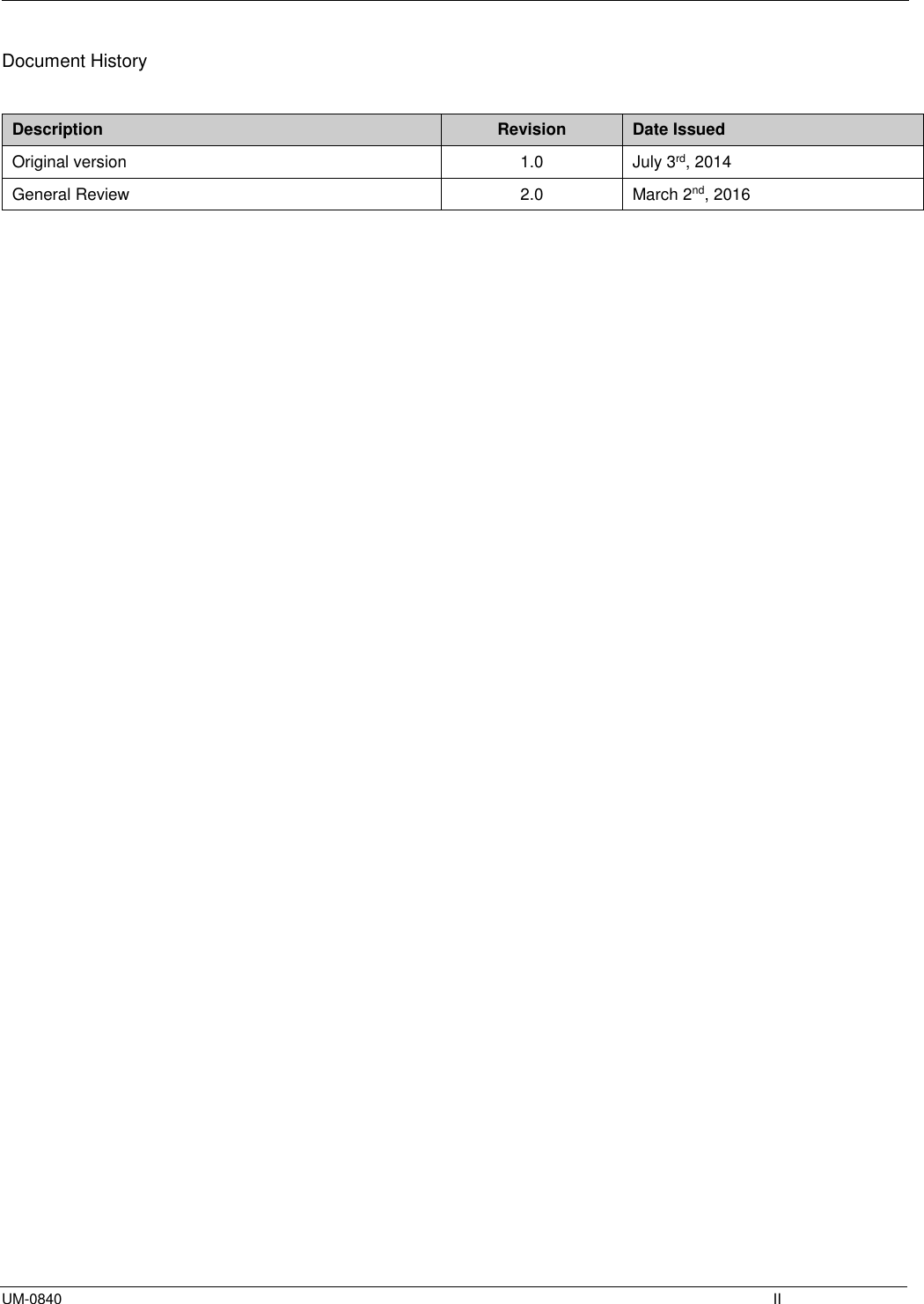  UM-0840    II Document History   Description Revision Date Issued Original version 1.0 July 3rd, 2014 General Review 2.0 March 2nd, 2016                           