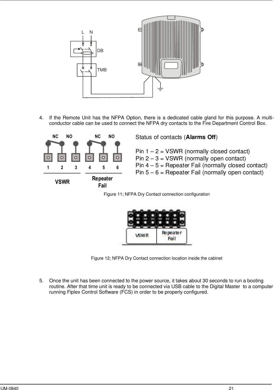  UM-0840  21 L NTMBDB       4.  If the Remote Unit has the NFPA Option, there is a dedicated cable gland for this purpose. A multi-conductor cable can be used to connect the NFPA dry contacts to the Fire Department Control Box.    Figure 11; NFPA Dry Contact connection configuration     Figure 12; NFPA Dry Contact connection location inside the cabinet    5.  Once the unit has been connected to the power source, it takes about 30 seconds to run a booting routine. After that time unit is ready to be connected via USB cable to the Digital Master  to a computer running Fiplex Control Software (FCS) in order to be properly configured.   456123NC NO NC NORepeaterFailVSWRStatus of contacts (Alarms Off)Pin 1 – 2 = VSWR (normally closed contact)Pin 2 – 3 = VSWR (normally open contact)Pin 4 – 5 = Repeater Fail (normally closed contact)Pin 5 – 6 = Repeater Fail (normally open contact)