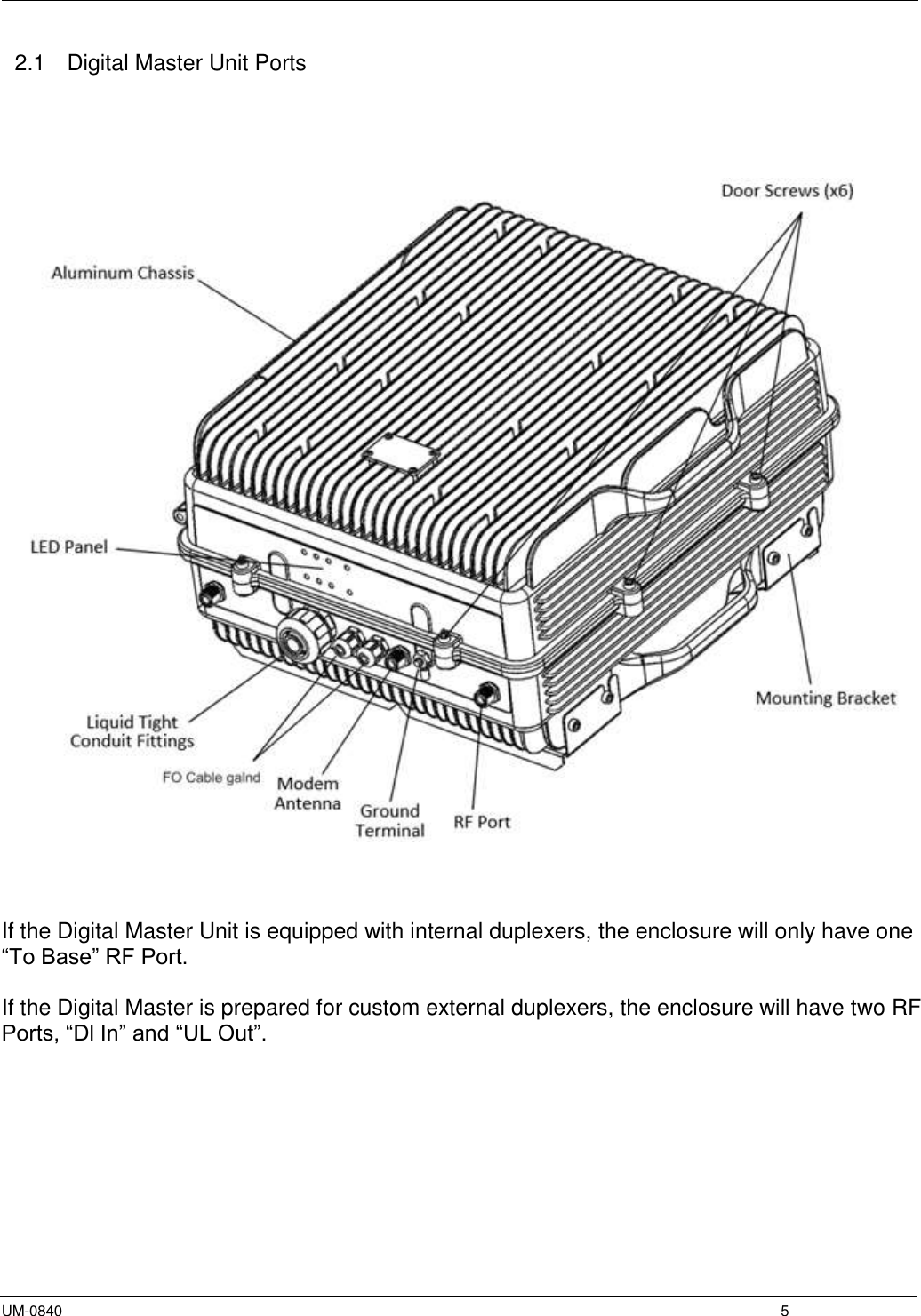  UM-0840  5 2.1  Digital Master Unit Ports          If the Digital Master Unit is equipped with internal duplexers, the enclosure will only have one “To Base” RF Port.  If the Digital Master is prepared for custom external duplexers, the enclosure will have two RF Ports, “Dl In” and “UL Out”.    