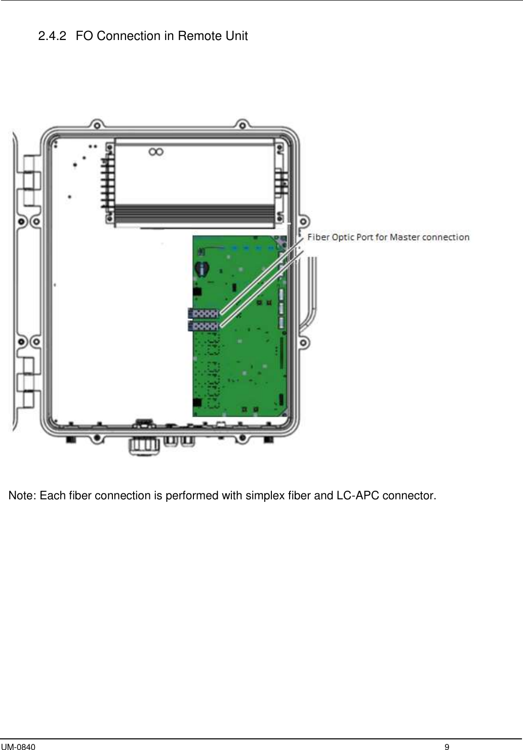  UM-0840  9 2.4.2  FO Connection in Remote Unit         Note: Each fiber connection is performed with simplex fiber and LC-APC connector.    