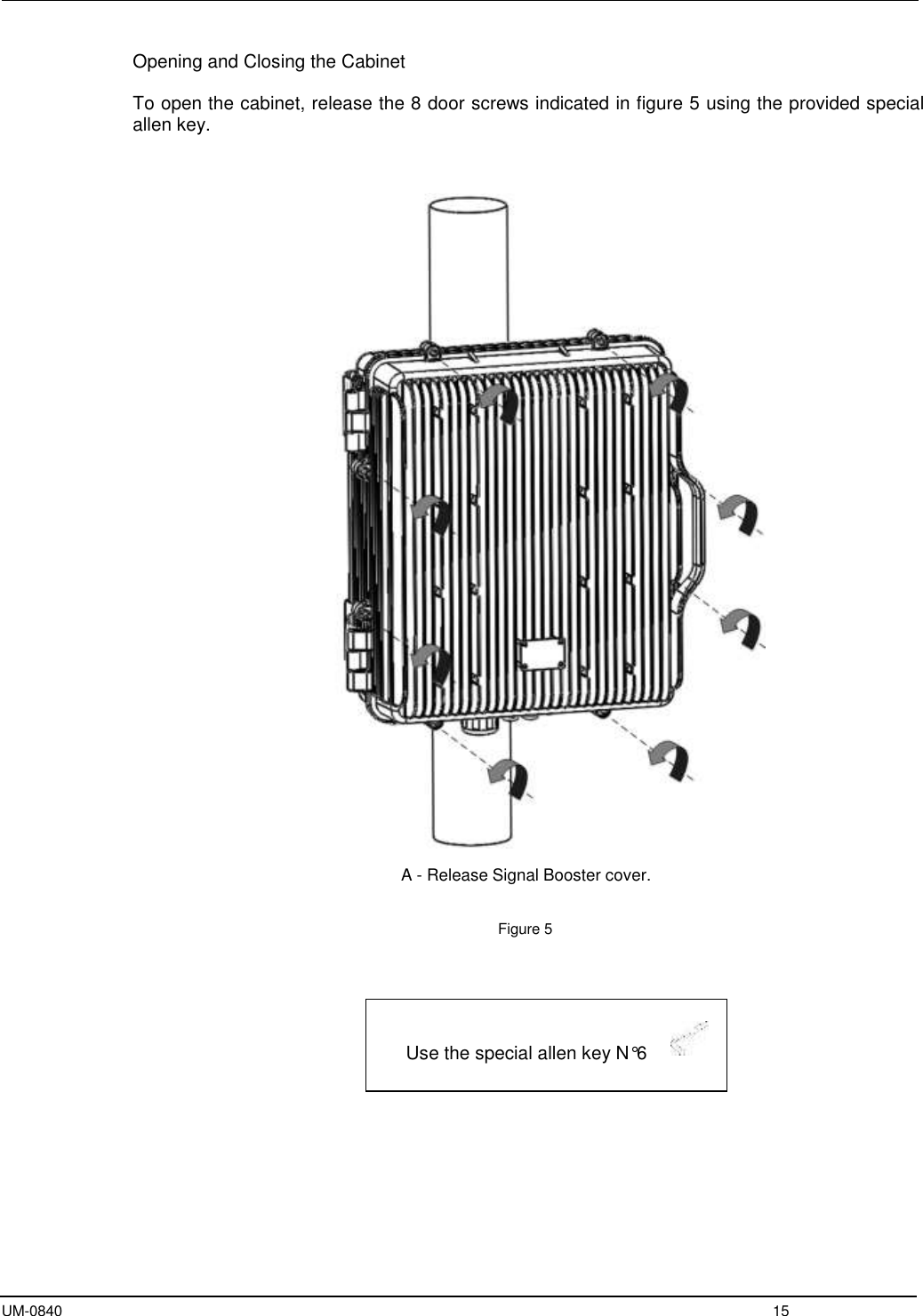  UM-0840  15 Opening and Closing the Cabinet  To open the cabinet, release the 8 door screws indicated in figure 5 using the provided special allen key.                                                                                                                        A - Release Signal Booster cover.                                 Figure 5                                                                            Use the special allen key N°6           