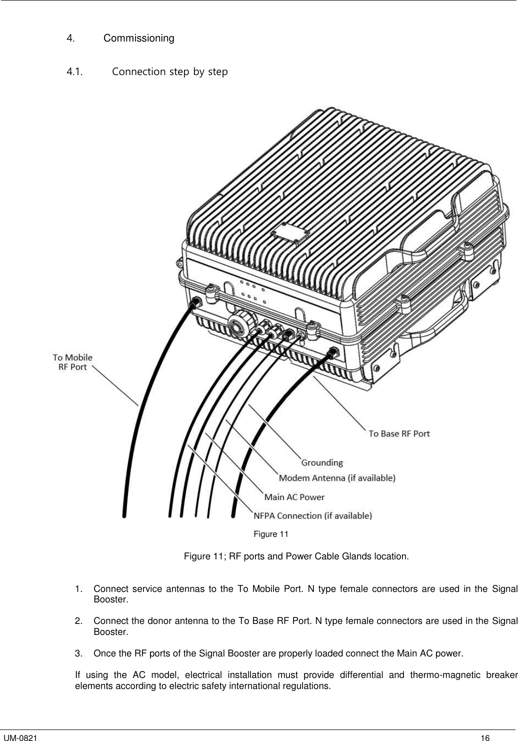   UM-0821      16 4.  Commissioning  4.1. Connection step by step     Figure 11  Figure 11; RF ports and Power Cable Glands location.   1.  Connect service  antennas to the  To Mobile  Port.  N  type  female connectors are used  in the  Signal Booster.  2.  Connect the donor antenna to the To Base RF Port. N type female connectors are used in the Signal Booster.  3.  Once the RF ports of the Signal Booster are properly loaded connect the Main AC power.  If  using  the  AC  model,  electrical  installation  must  provide  differential  and  thermo-magnetic  breaker elements according to electric safety international regulations.  