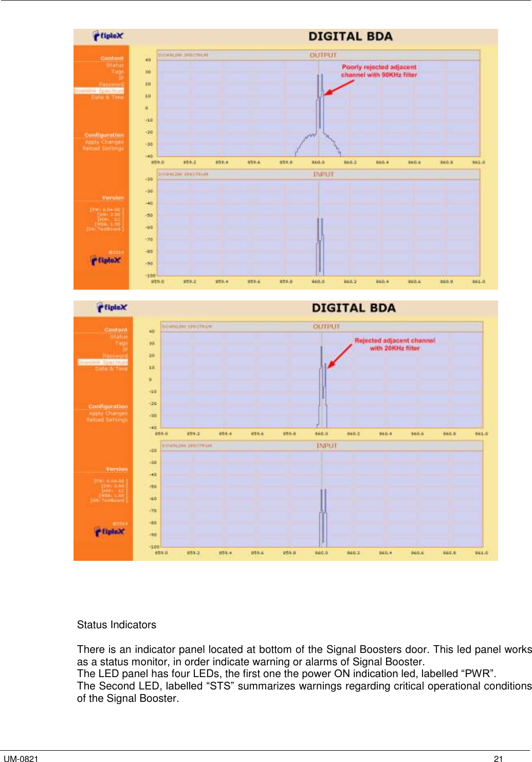   UM-0821      21         Status Indicators  There is an indicator panel located at bottom of the Signal Boosters door. This led panel works as a status monitor, in order indicate warning or alarms of Signal Booster. The LED panel has four LEDs, the first one the power ON indication led, labelled “PWR”. The Second LED, labelled “STS” summarizes warnings regarding critical operational conditions of the Signal Booster. 